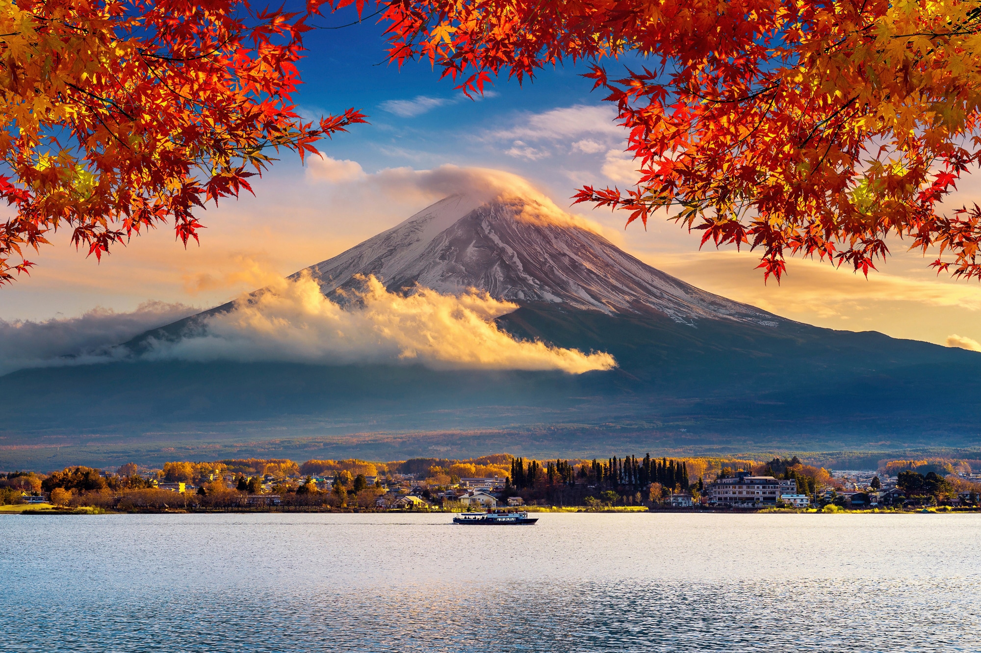 Papermoon Fototapete »FUJI BERG-JAPAN GEBIRGE WALD SEE WOLKEN SONNE VULKAN« günstig online kaufen