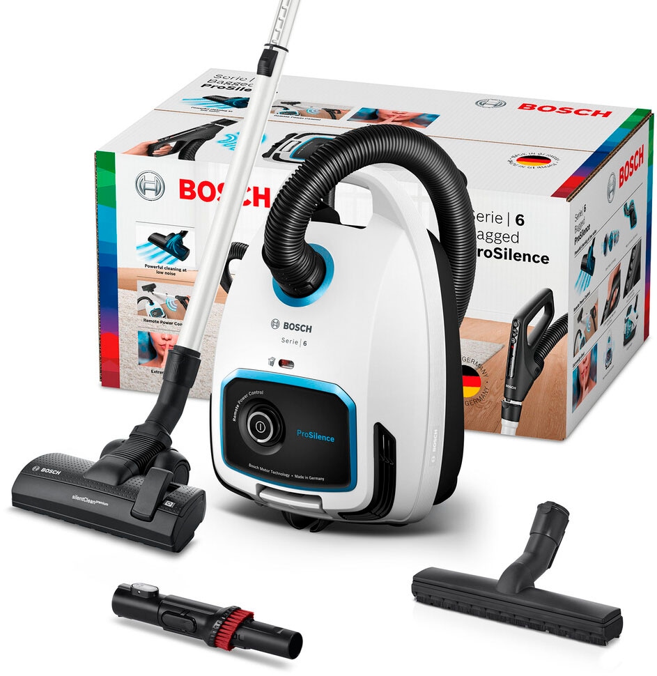 BOSCH Bodenstaubsauger »Serie 6 ProSilence BGL6TSIL, Hygiene-Filter, 10 Jahre Motorgarantie«, 700 W, mit Beutel, Leistungsregulierung am Handgriff, langes Kabel, extrem leise, weiß