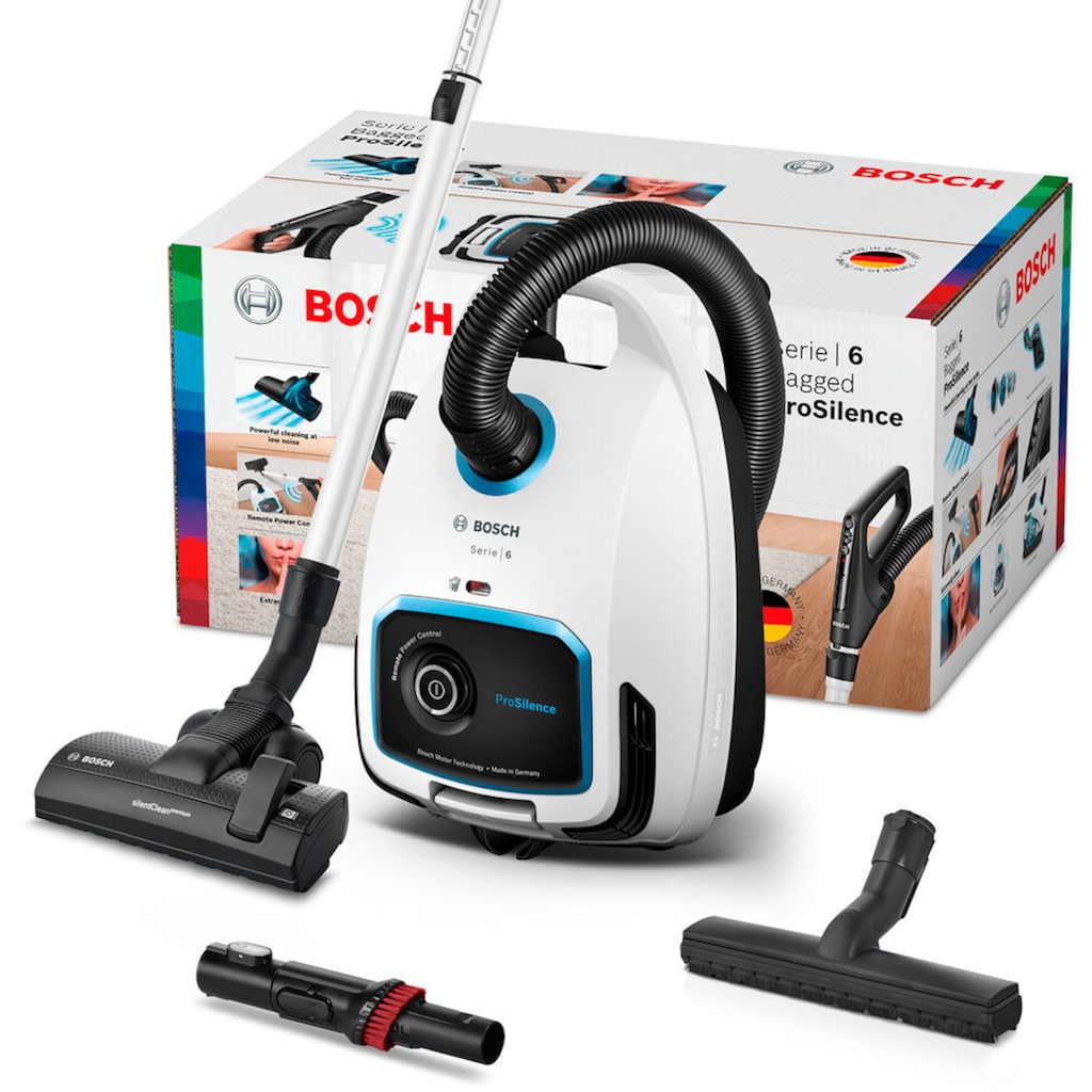 BOSCH Bodenstaubsauger »Serie 6 ProSilence BGL6TSIL, Hygiene-Filter, 10 Jahre Motorgarantie«, 700 W, mit Beutel, Leistungsregulierung am Handgriff, langes Kabel, extrem leise, weiß