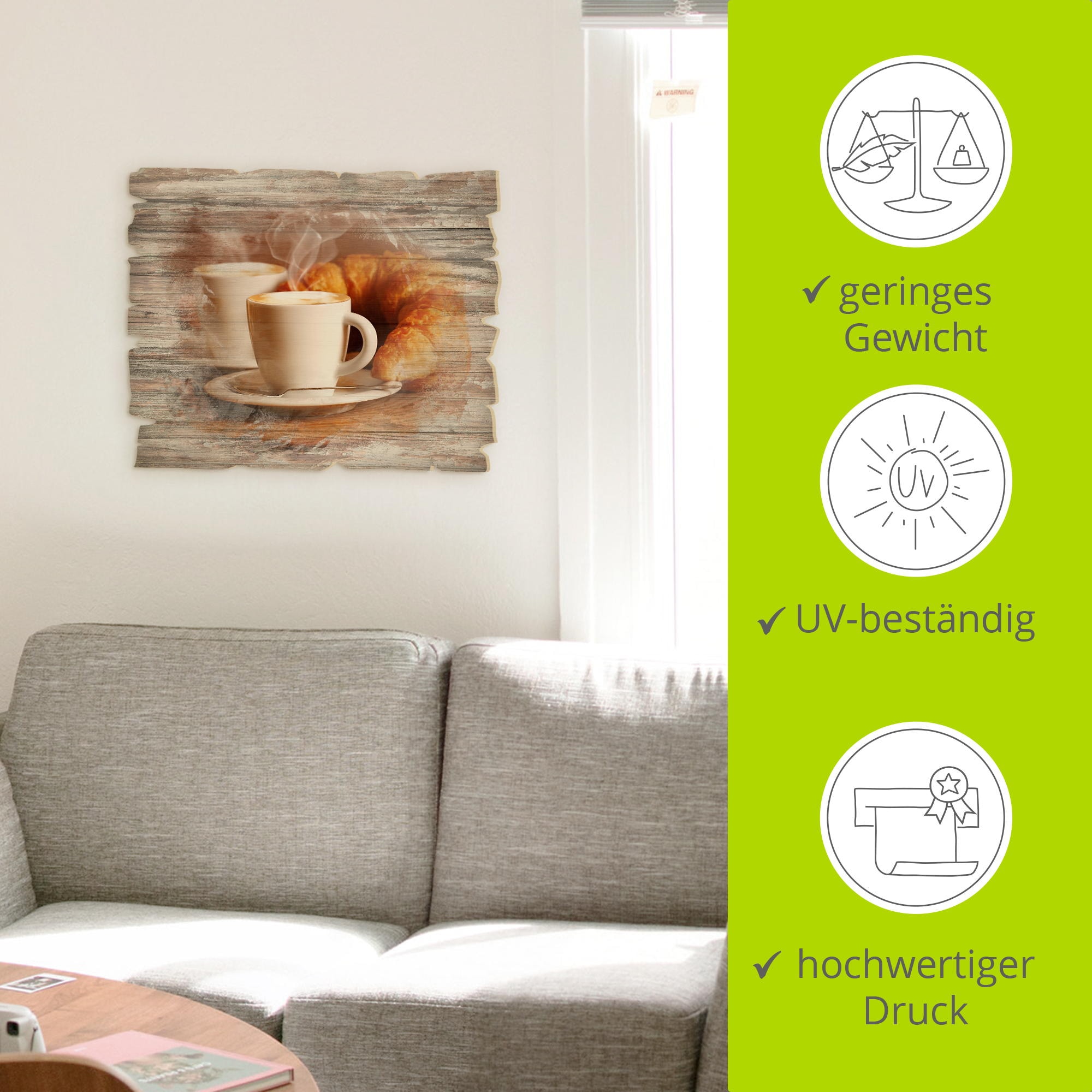 Artland Holzbild »Dampfender Cappuccino und Croissant«, Getränke, (1 St.)