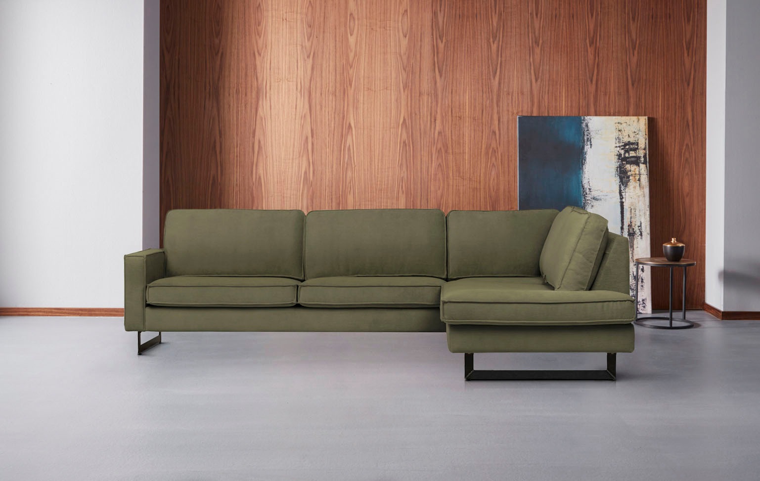 Places of Style Ecksofa »Pinto, 290 cm, Cord, Chenille, Lederoptik, Ottomane links / rechts«, mit Keder, schwarze Metallfüße, Wellenunterfederung