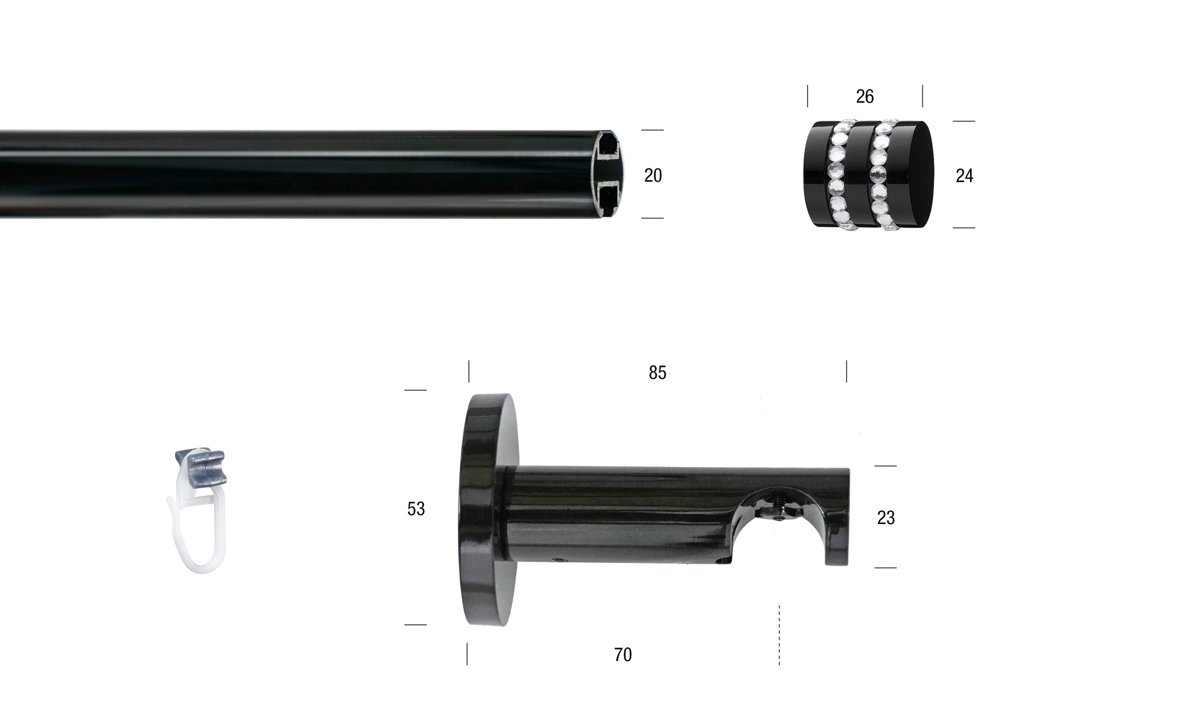 GARESA Gardinenstange »BLACK«, 1 läufig-läufig, Wunschmaßlänge, Vorhanggarnitur, Innenlauf, verlängerbar, Endknopf mit Glitzersteinen