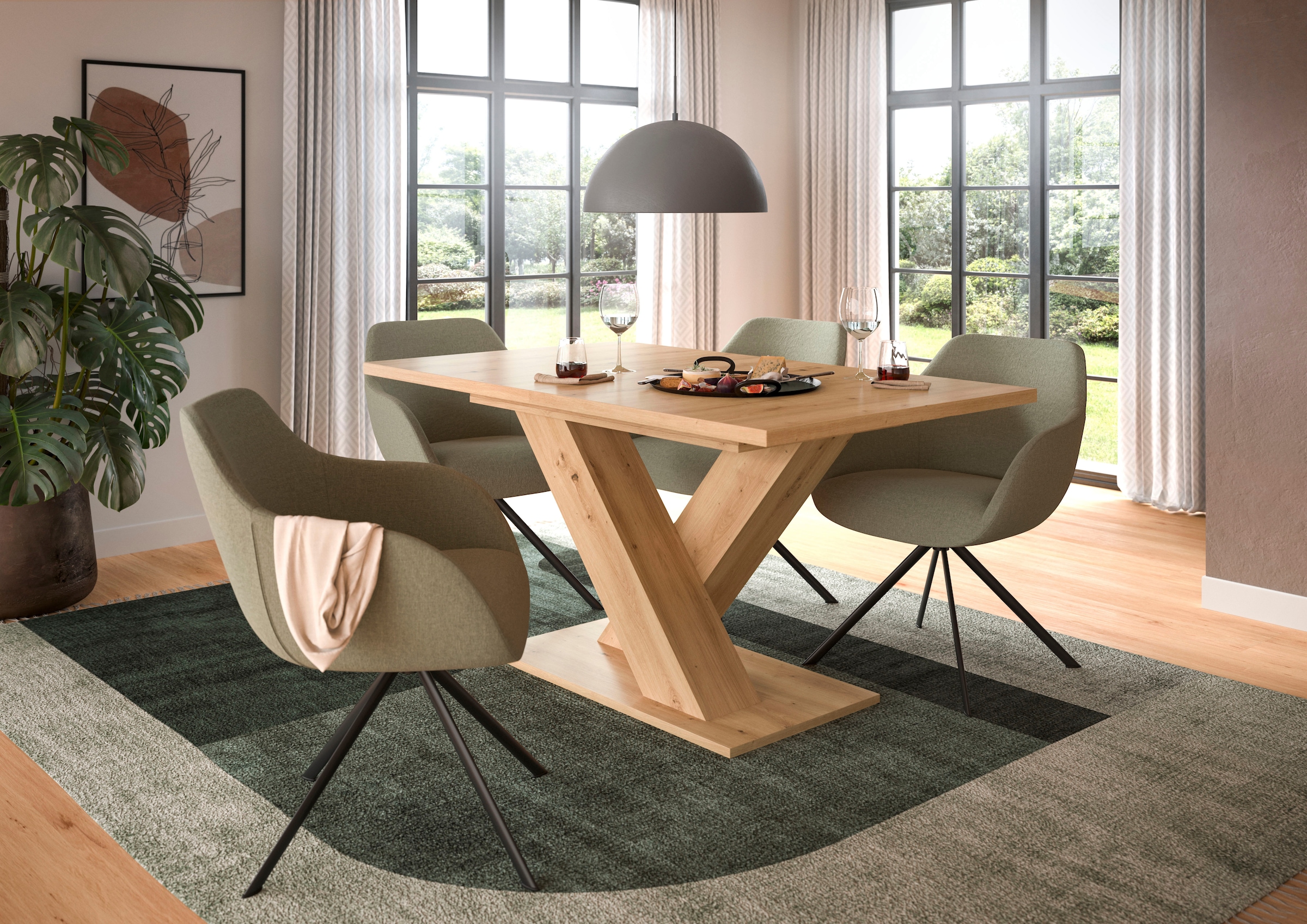 INOSIGN Esstisch »Motus, ausziehbar 150 -190 cm, inklusive 40 cm Einlegeplatte«, (Set, 1 St.), X-Gestell mit Bodenplatte, Tisch, Küchentisch, Esszimmer, Küche