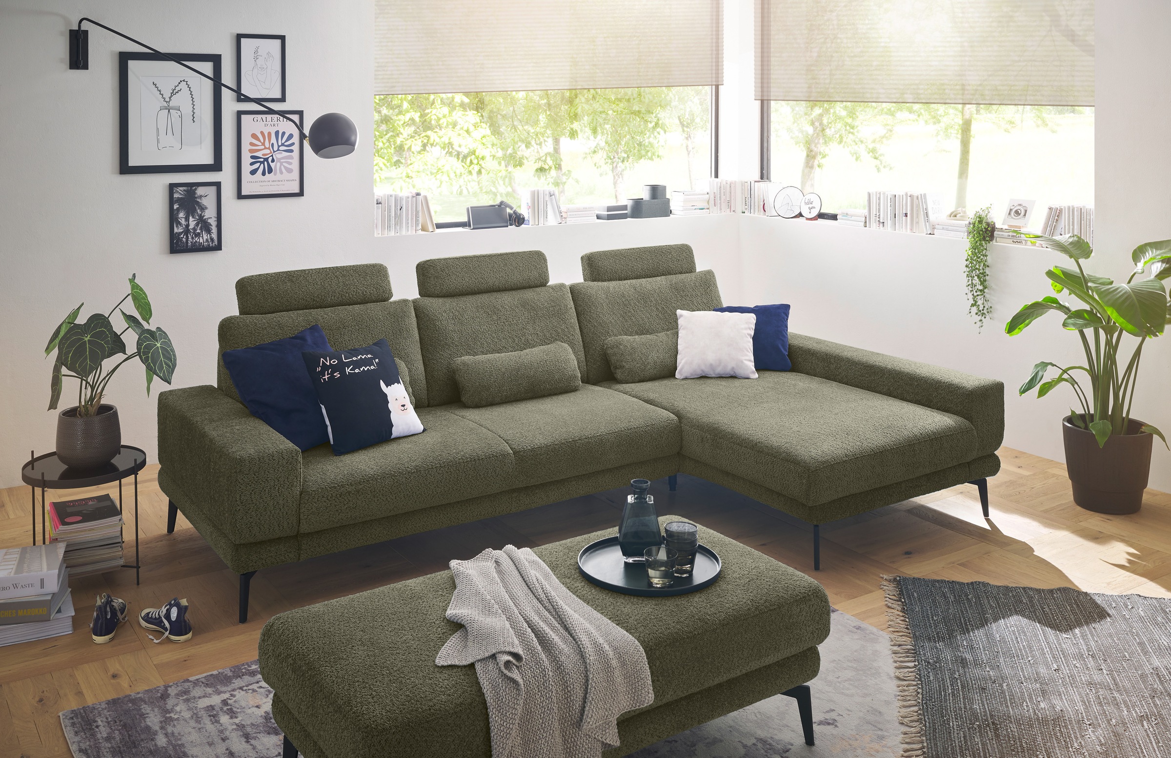 set one by Musterring Ecksofa »SO 3600, inkl motor. Sitztiefenverstellung, Kopfstützen, Nierenkissen«, Sitzhöhe 44 cm, Federkern, Breite 293 x Tiefe 180 cm, Kama olive