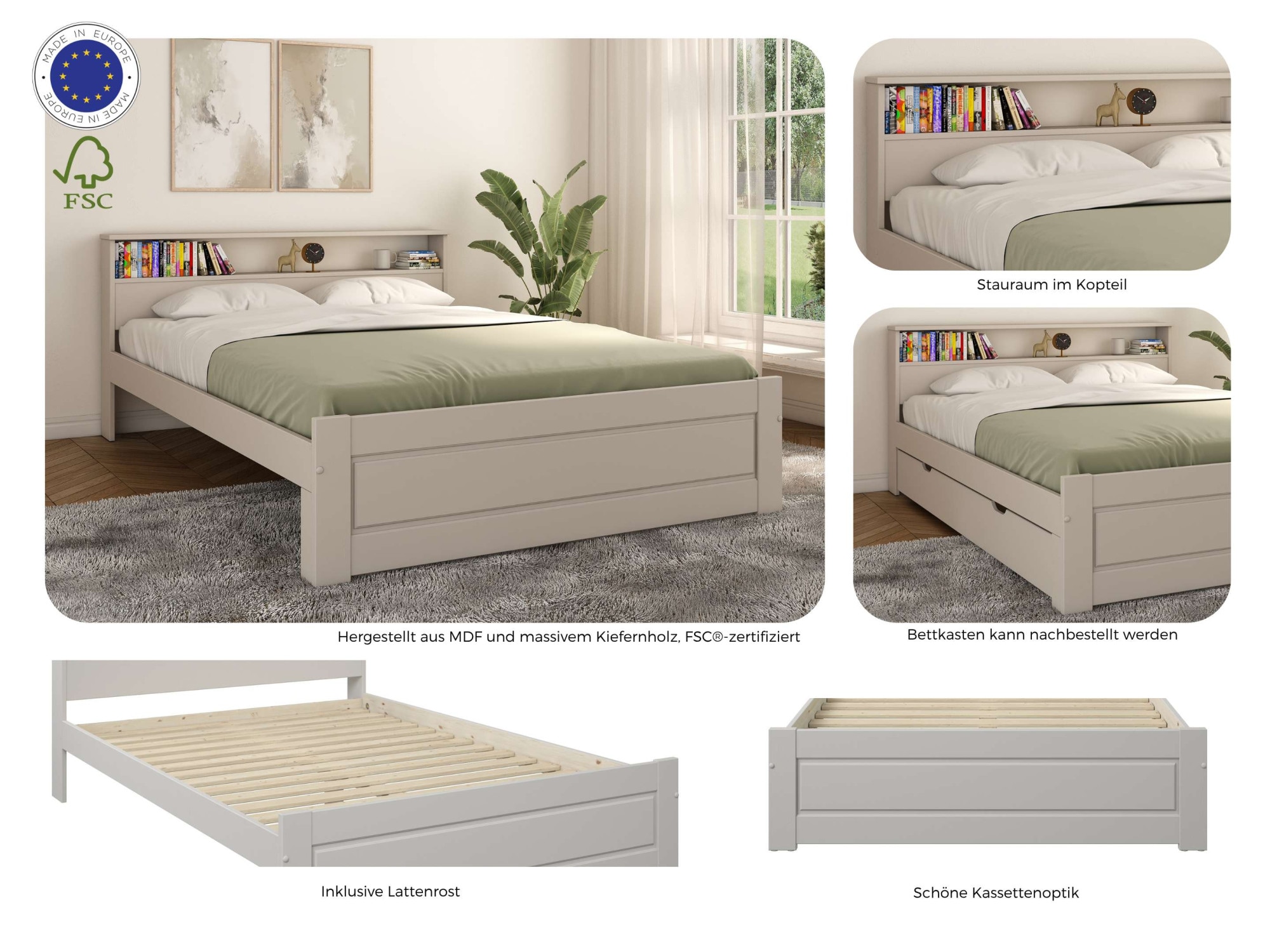 OTTO home Massivholzbett »FLAVION,  Jugendbett, FSC® zertifizierte massive Kiefer« Breite: 90, 140, 180,  Qualitätsprodukt, Regal, Kassettenoptik, Schublade optional