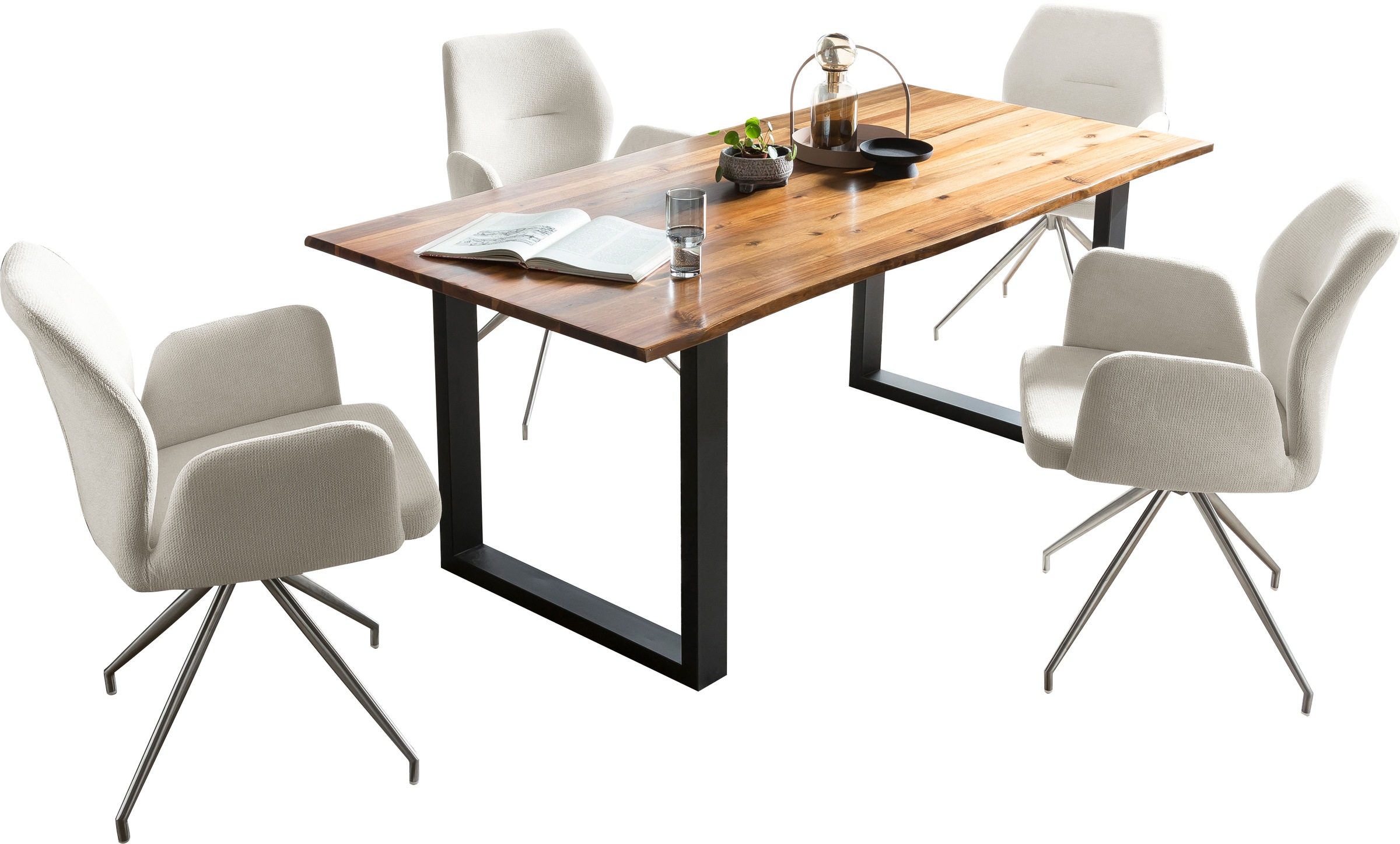 SalesFever Essgruppe »Stilvolle Tischgruppe« Set, 5 Stk. tlg. 5-teiliges Set: Tischplatte mit Baumkante, rostfreies Edelstahlgestell