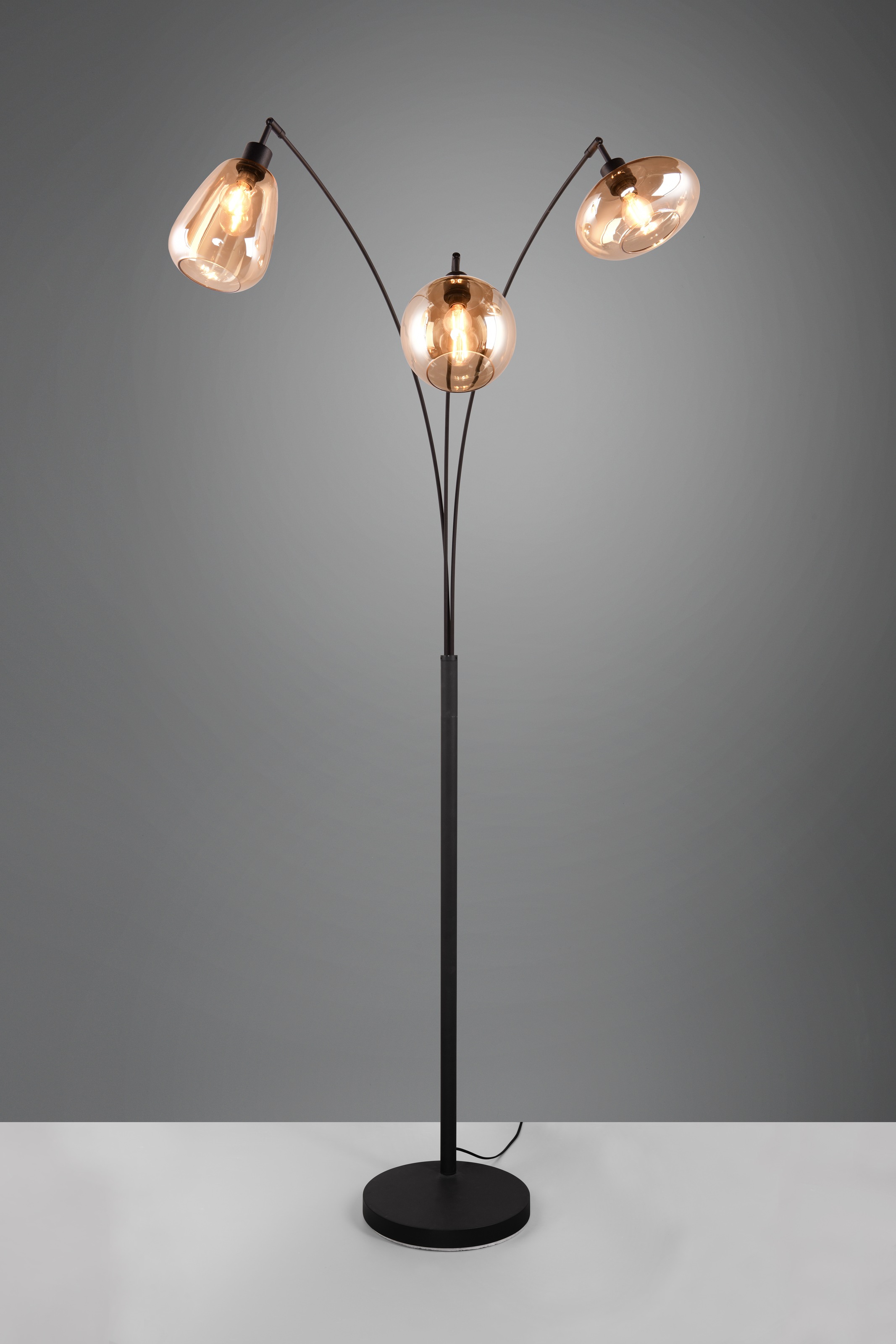 TRIO Leuchten Stehlampe »LUMINA, gebogene Stehleuchte mit Glasschirmen exkl 3xE14 max 10W«, 3 flammig, Leuchtmittel E14 | Leuchtmittel wechselbar, amberfarbige Gläser in 3 Formen, Fußschalter, Bogenleuchte Höhe 200 cm