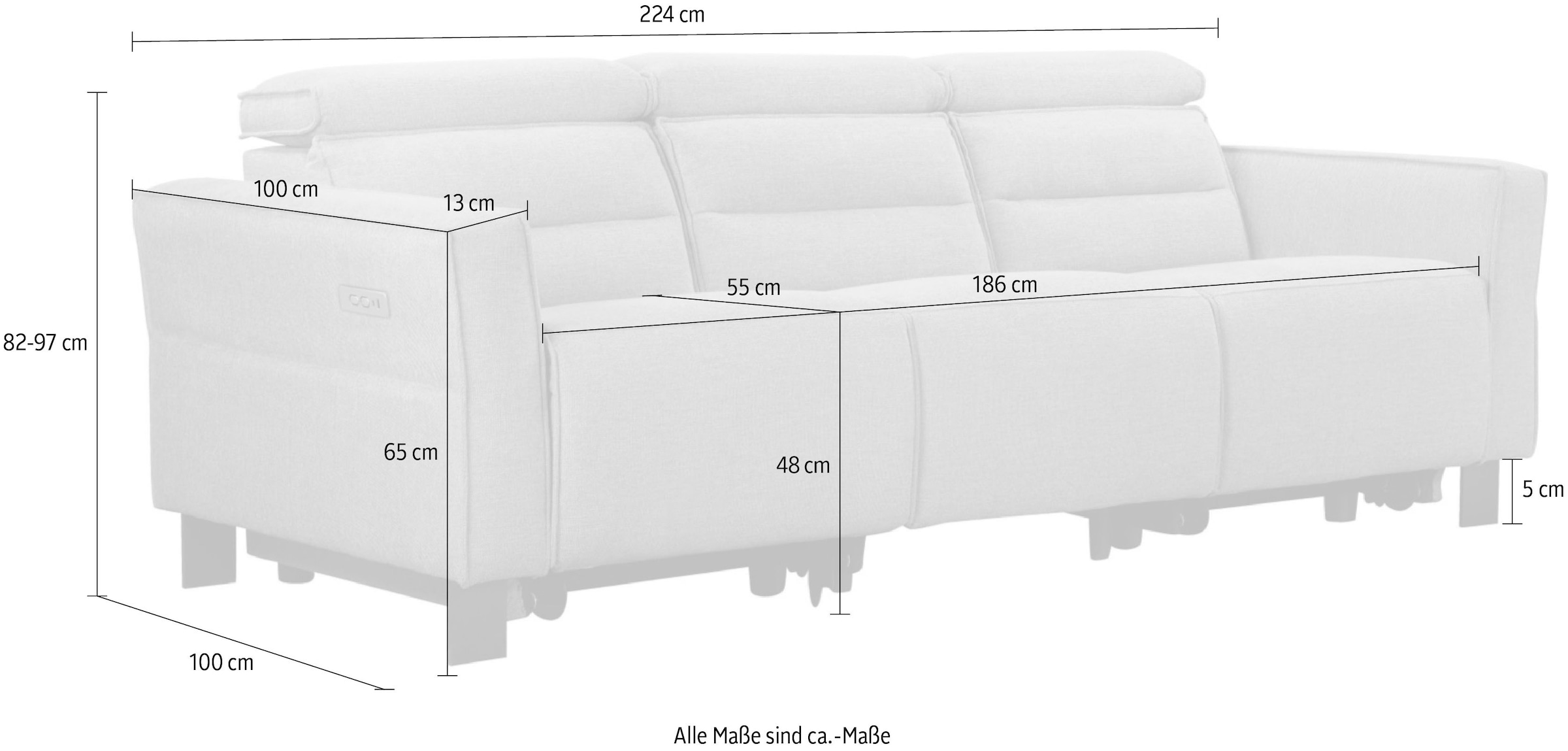 Places of Style 3-Sitzer »Carpari, 224cm, manuelle od. elektrische Relaxfunktion in 2 Sitzen«, mit USB-A/C, Kopfteilverstellung, Echtleder, Kunstleder, Webstoff