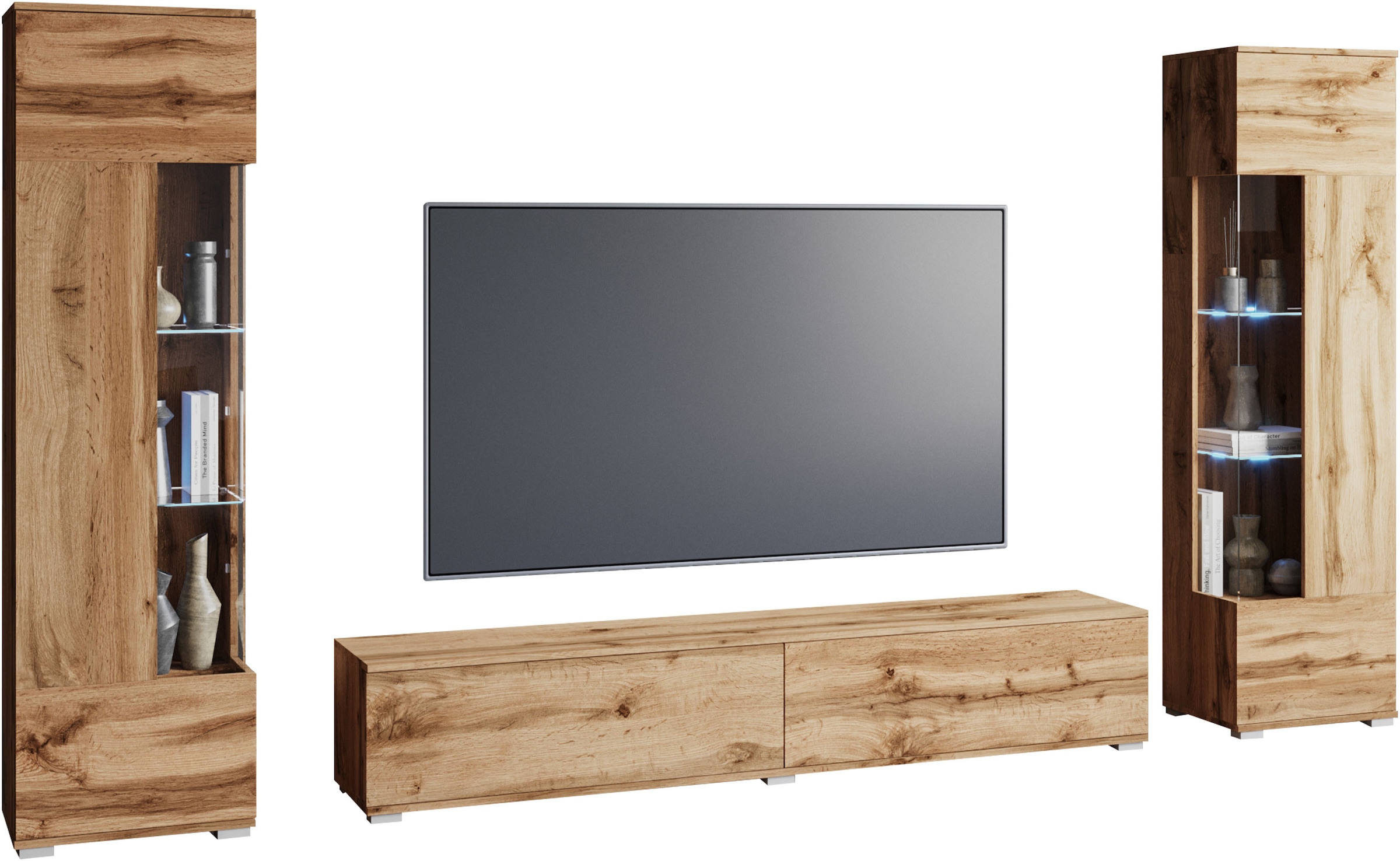 INOSIGN Wohnwand »Kenia, Vitrine Türanschlag links/rechts wechselbar«, (3 St.), Vitrinen mit Eckverglasung, hängend und stehend montierbar