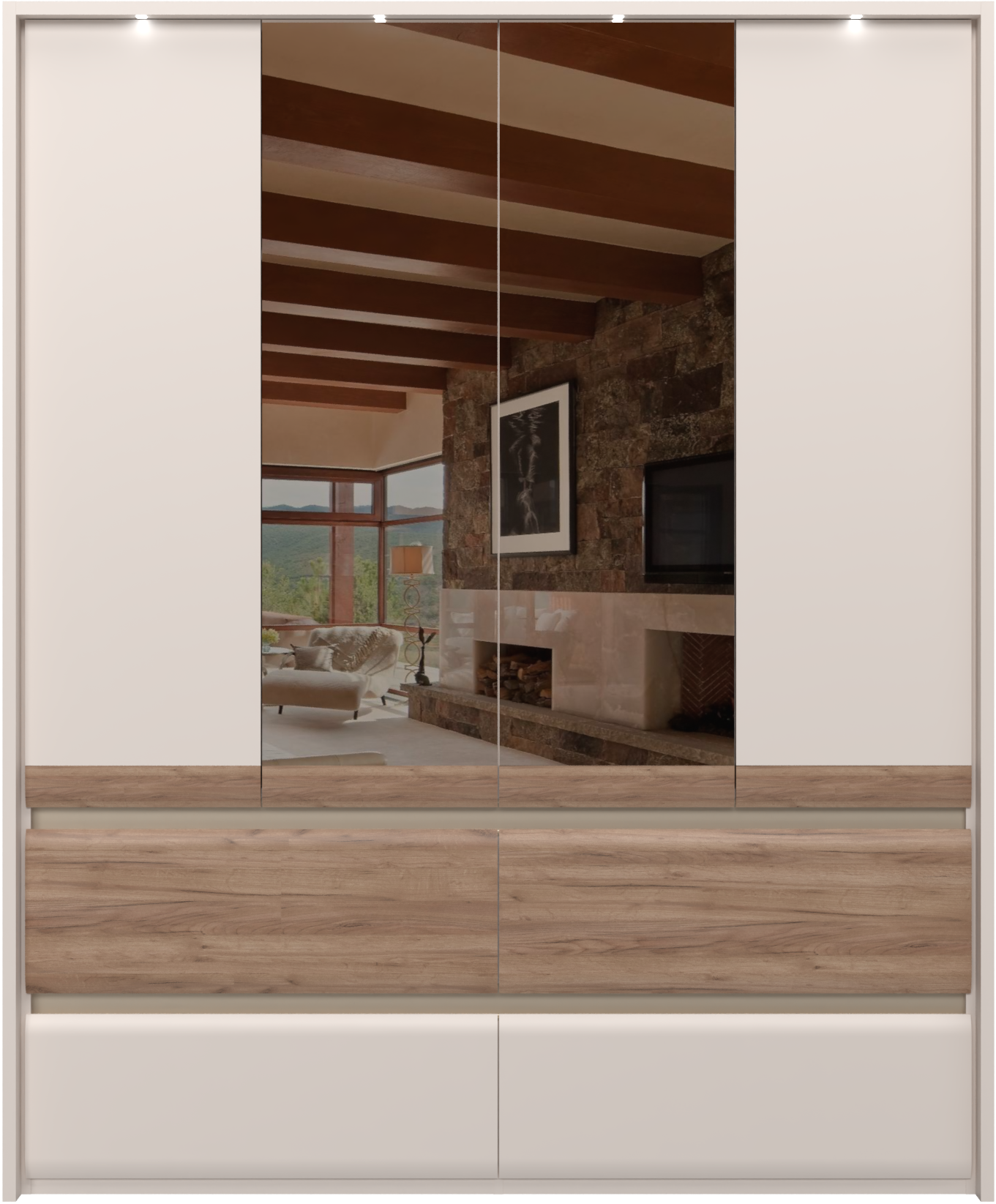 Places of Style Kleiderschrank »Invictus, UV lackiert, FSC-zertifiziert, grifflose Optik«, (abgerundete Schubladen aus MDF im Holzdekor, soft-close), mit Beleuchtung und Spiegel, in 4 Breiten, hoher Schrank (226cm)