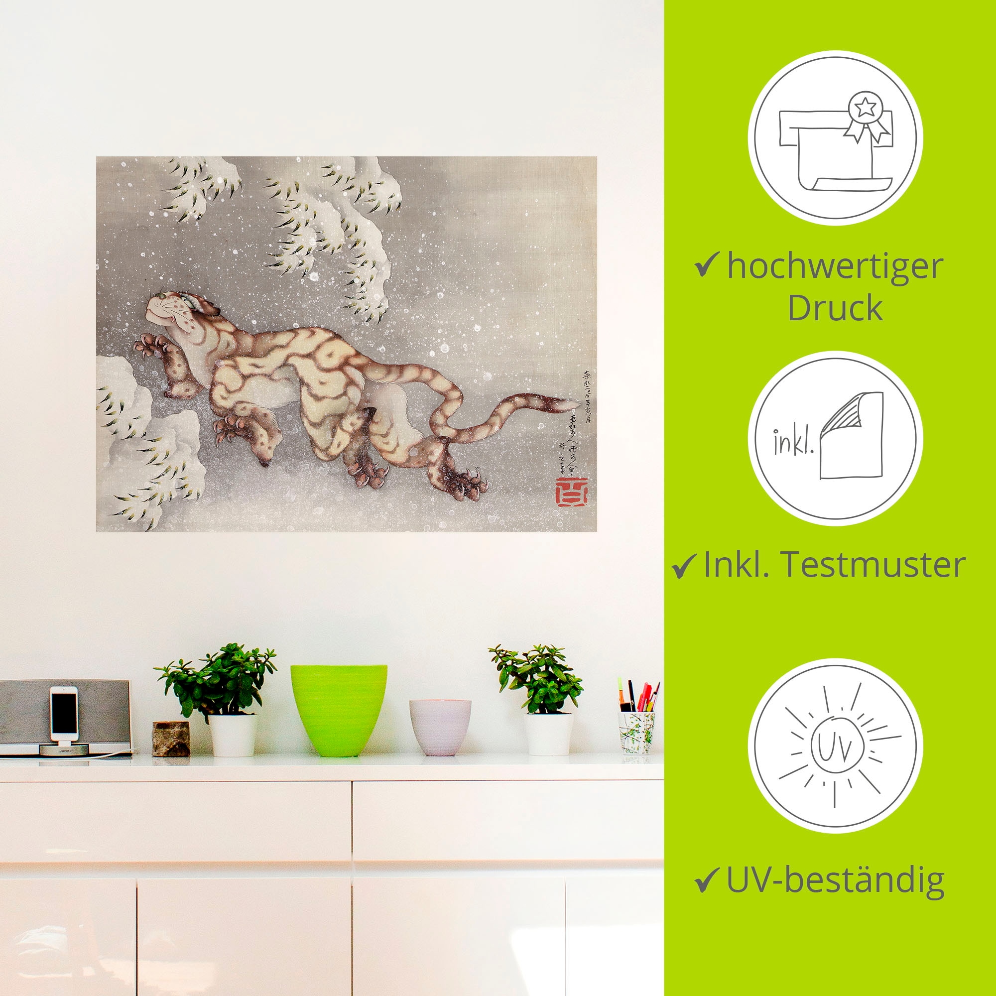 Artland Wandbild »Tiger in einem Schneesturm. Edo-Zeit«, Wildtiere, (1 St.), als Leinwandbild, Wandaufkleber in verschied. Größen