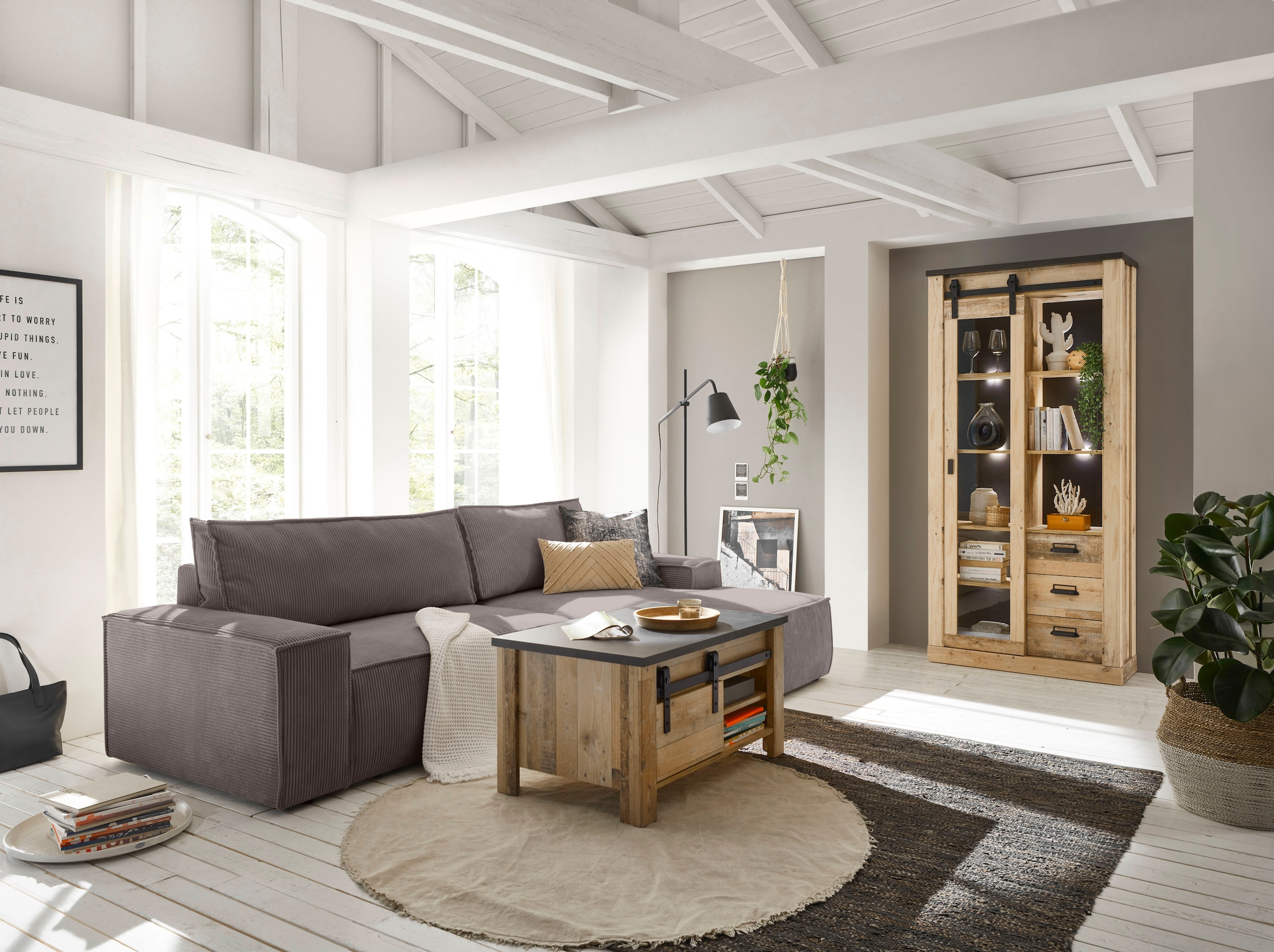 Home affaire Ecksofa »SHERWOOD Schlafsofa 267 cm, L-Form,«, Schlaffunktion mit Bettkasten (210x136 cm), Cord, Vintage, Samtvelours