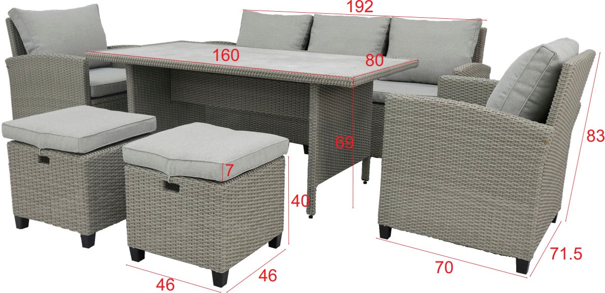 KONIFERA Gartenlounge-Set »Amsterdam XL« Set, 16 tlg. tlg. bestehend aus 2 Sesseln, 2 Hocker, 1 Sofa, 10 Sitzauflagen, 1 Tisch