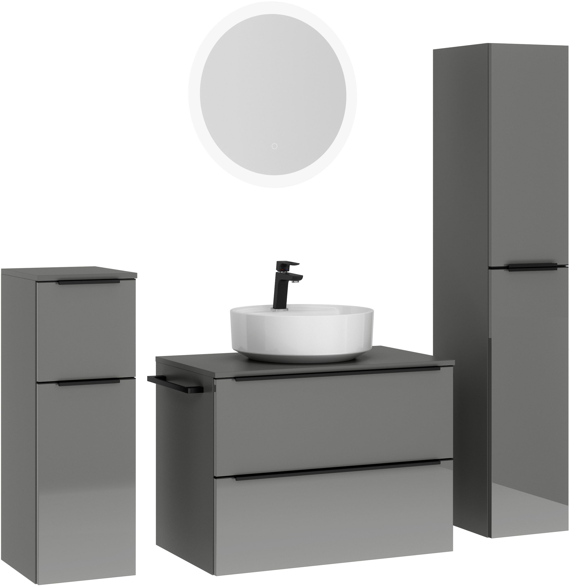 nobilia® Badmöbel-Set »Alvene«, (4 St., vormontiert, mit Soft-Close), Hochglanz, inkl. Spiegel mit Touch-Sensor, in vier Breiten