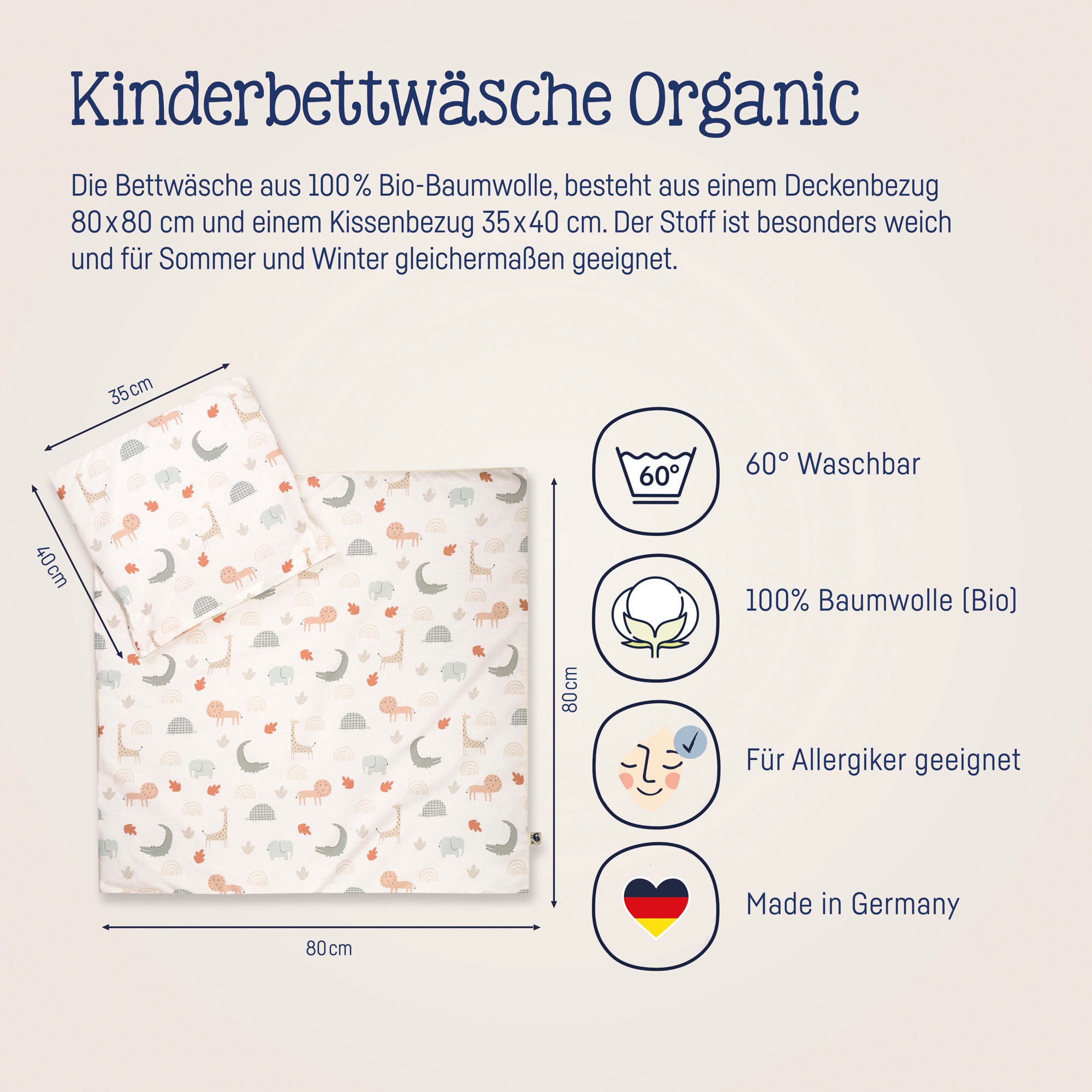 Julius Zöllner Kinderbettwäsche »Baby- und Kinderbettwäsche aus 100% Bio-Baumwolle«, (2 tlg.), erhältlich in den Größen 80x80+35x40cm und 100x135+40x60cm