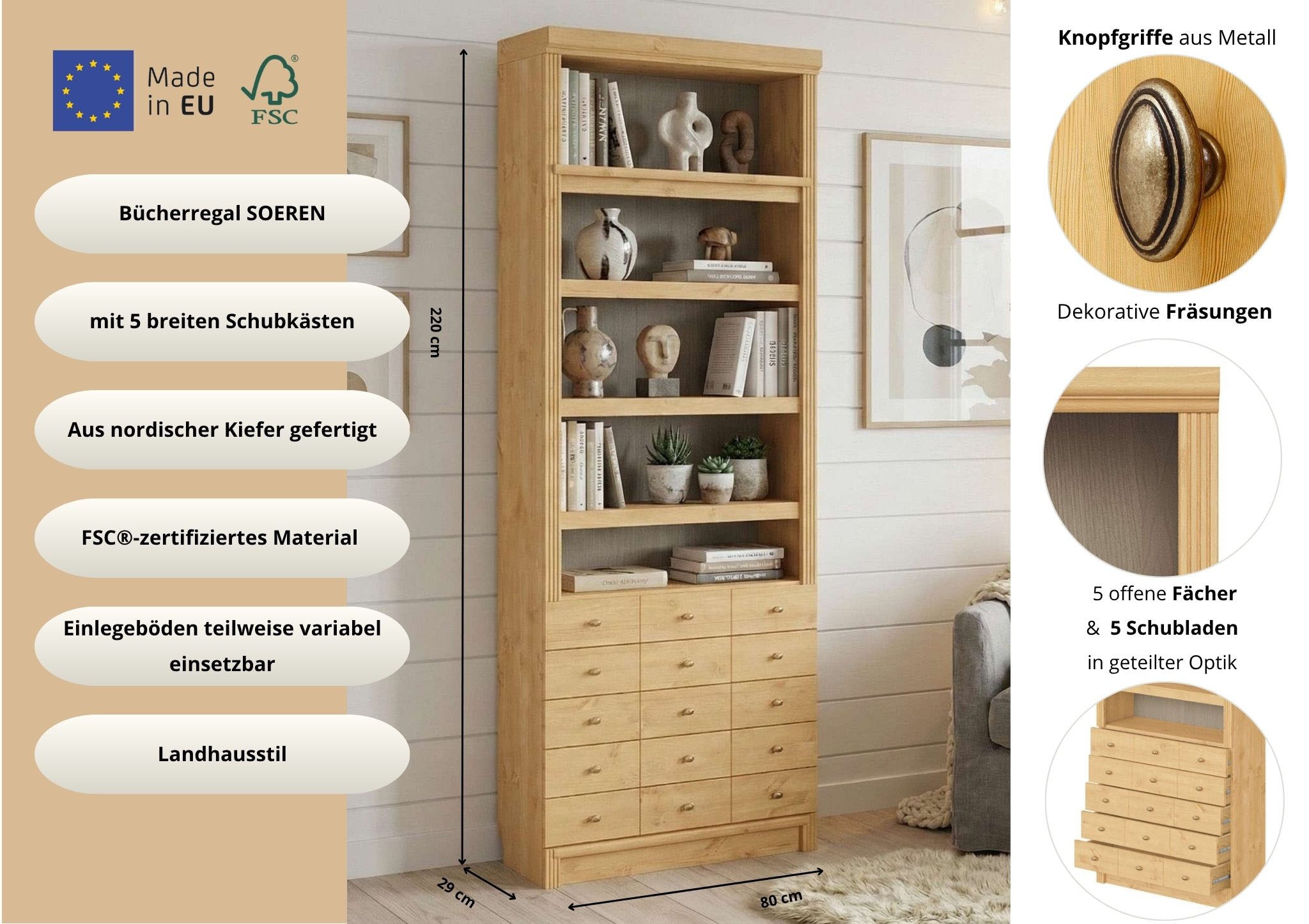 Home affaire Bücherregal »Soeren Regal mit 5 breiten Schubkästen in geteilter Optik« T/H: 80/29/220 cm, Kiefer FSC®-zertifiziert, elegante Metallgriffe