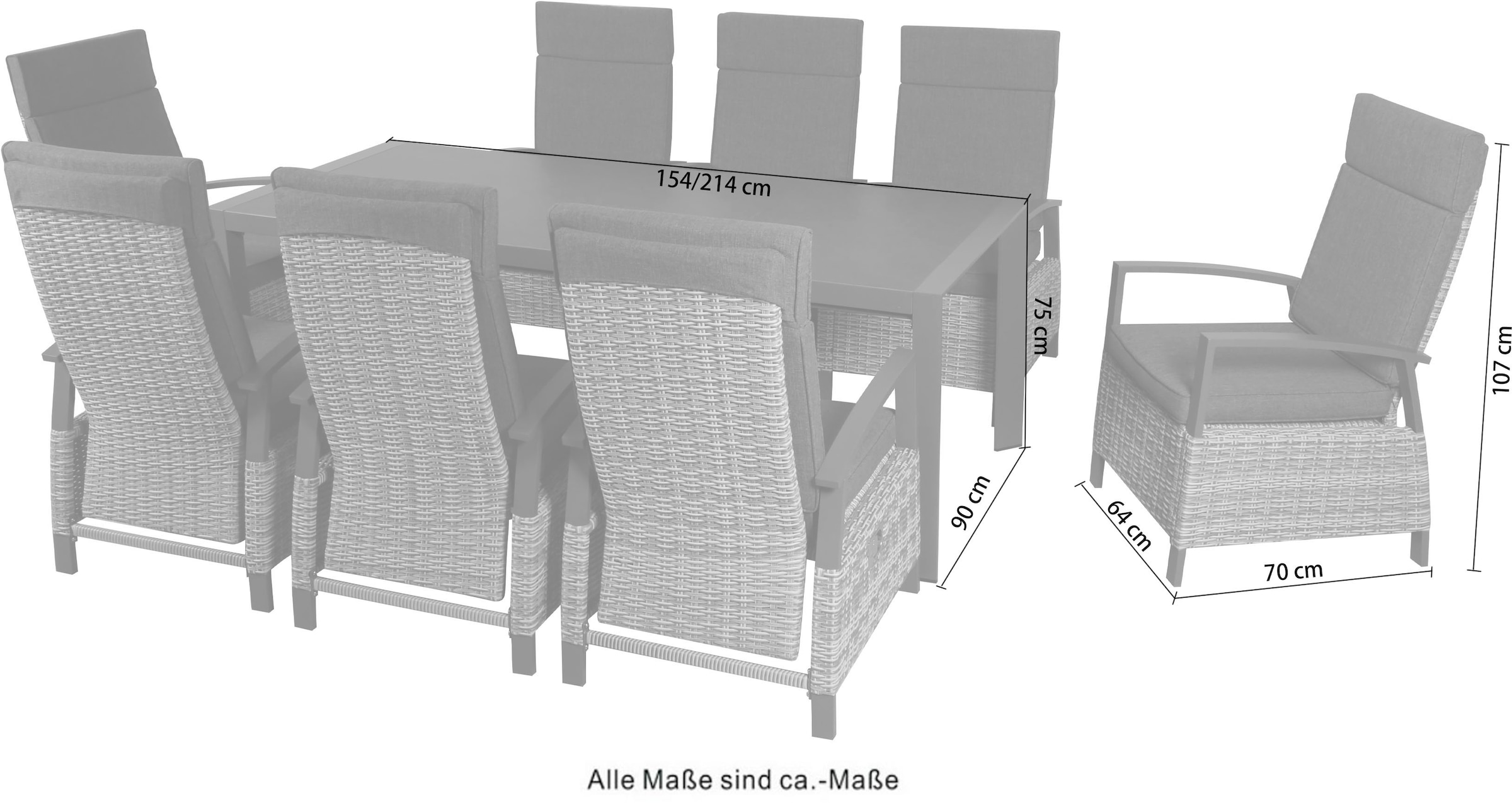 KONIFERA Garten-Essgruppe »Menton« Set, 8x Sessel, 8x Auflagen, 1x Tisch, 17 tlg. bestehend aus 8 Stühlen, 8 Sitzauflagen und 1 Tisch