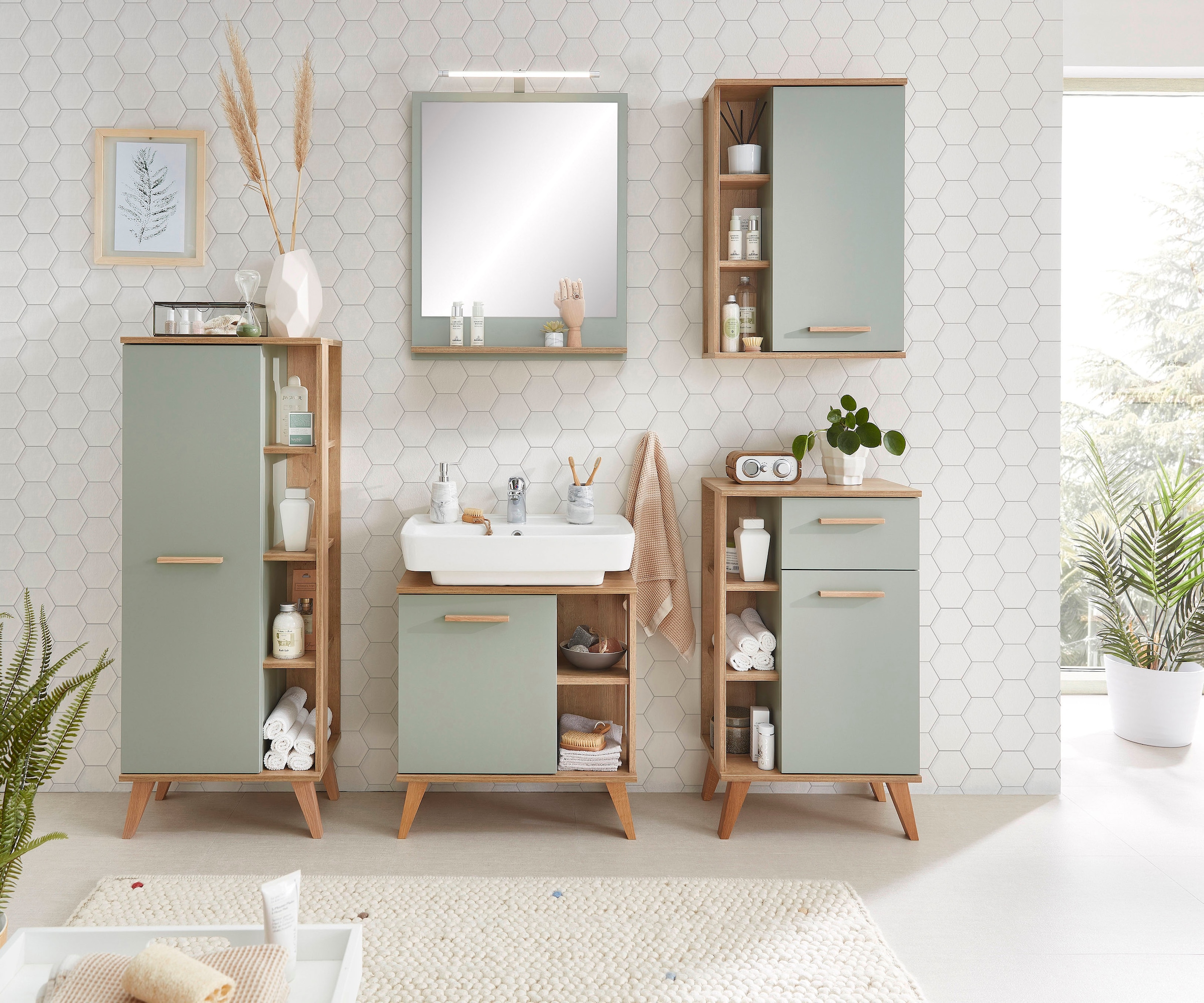 Saphir Midischrank »Quickset Badschrank 50,5 cm breit, 1 Tür, seitliche Ablagen«, Badezimmer-Midischrank inkl. Türdämpfer, Griffe in Holz