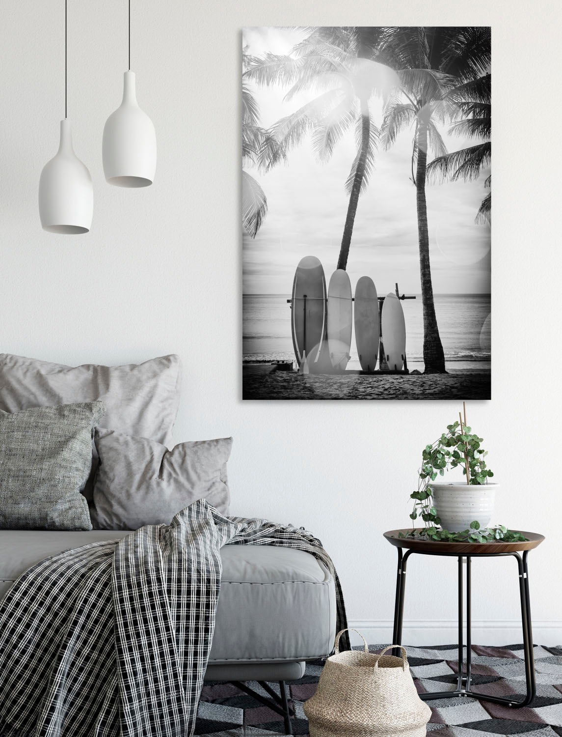 queence Acrylglasbild »Surfboards«, Kunst-Schwarz-Weiß-Strand-Palmen-Strand günstig online kaufen