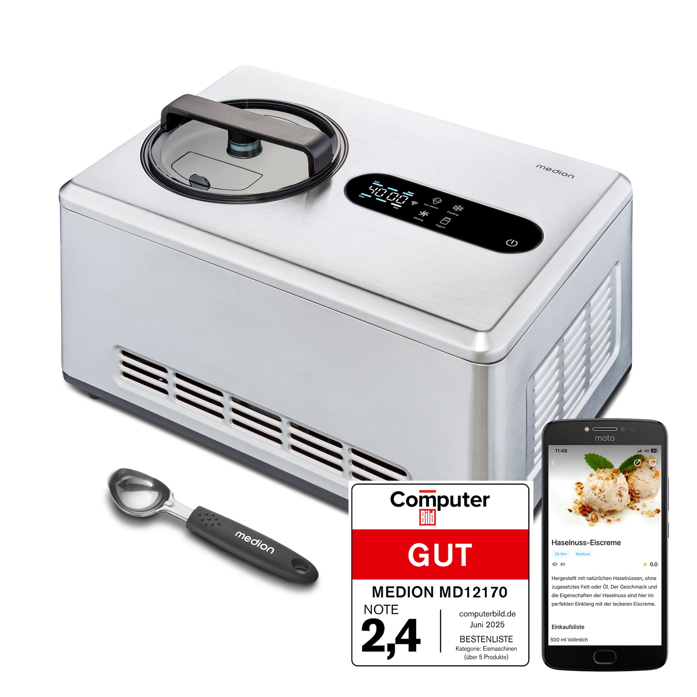 Medion® Eismaschine »MD 12170, 2 L Kapazität, integrierter Kompressor, Smartphonesteuerung«, 220 W, Herausnehmbarer Edelstahl-Eisbehälter, Sensor-Touch-LED-Display