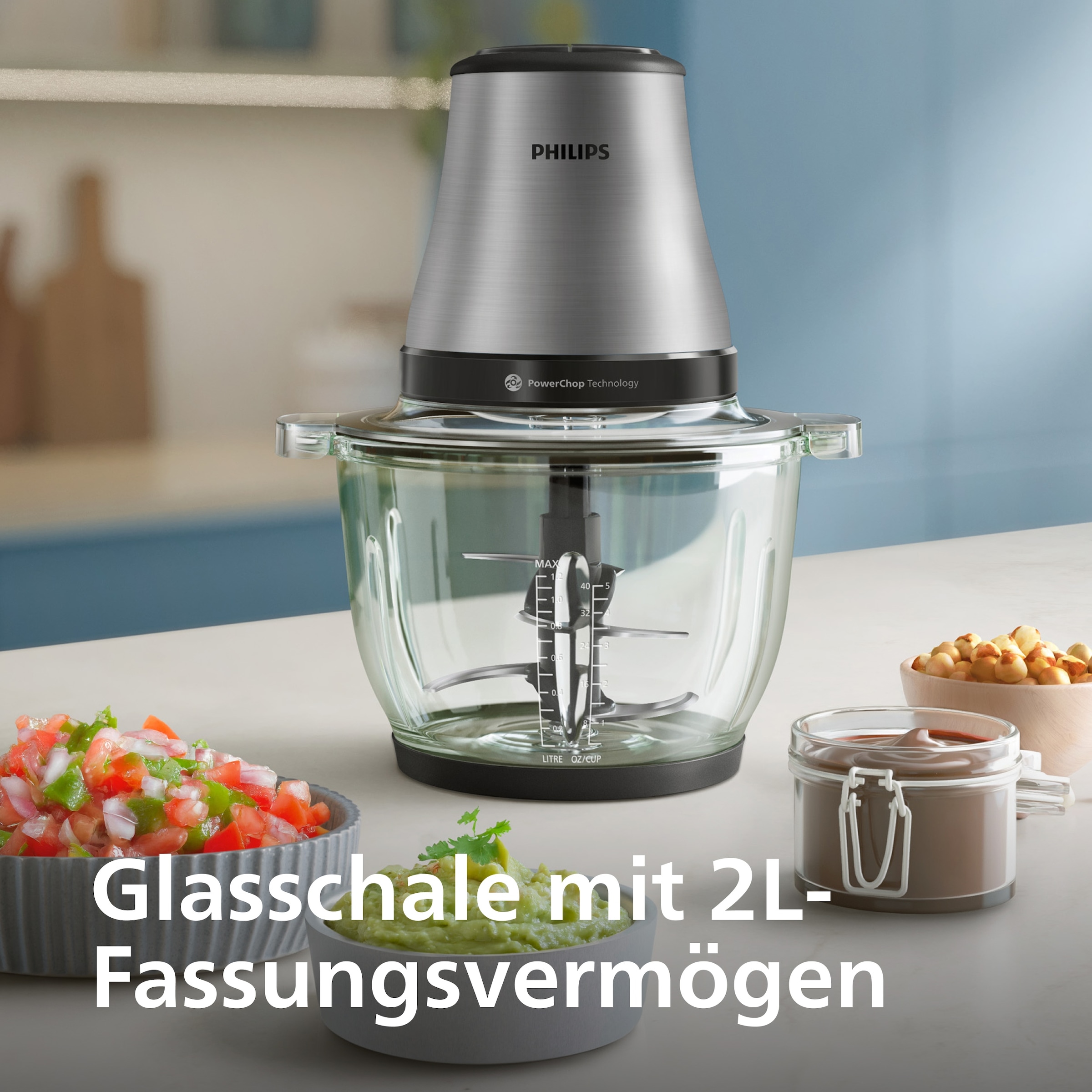 Philips Zerkleinerer »HR1503/00 3000 Series mit  PowerChop Technologie« 450 W 2L Glassschüssel, Edelstahl