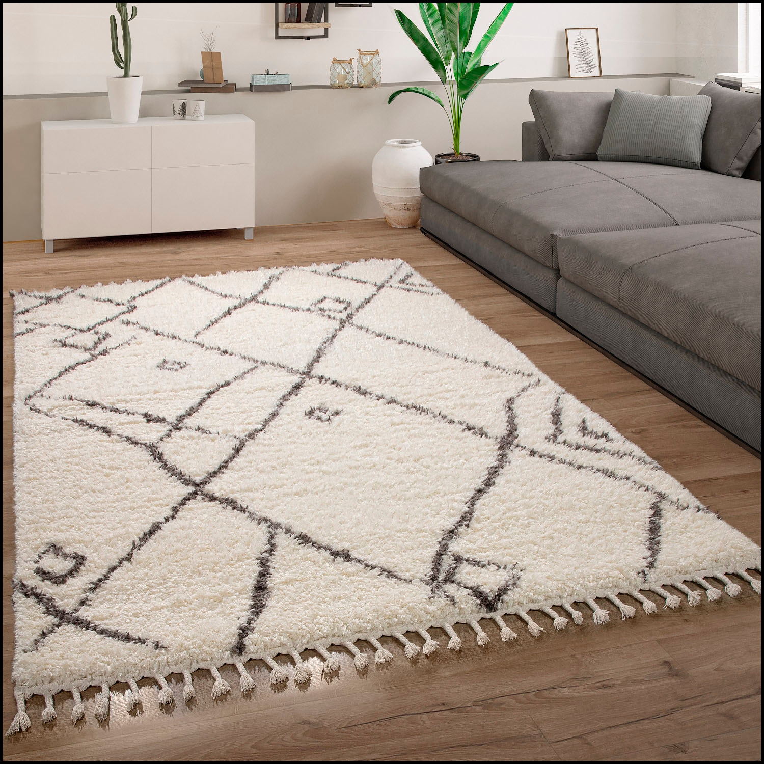 Paco Home Hochflor-Teppich »Orebro 171«, rechteckig, 44 mm Höhe, modernes Rauten Muster, besonders weich & kuschelig, mit Fransen