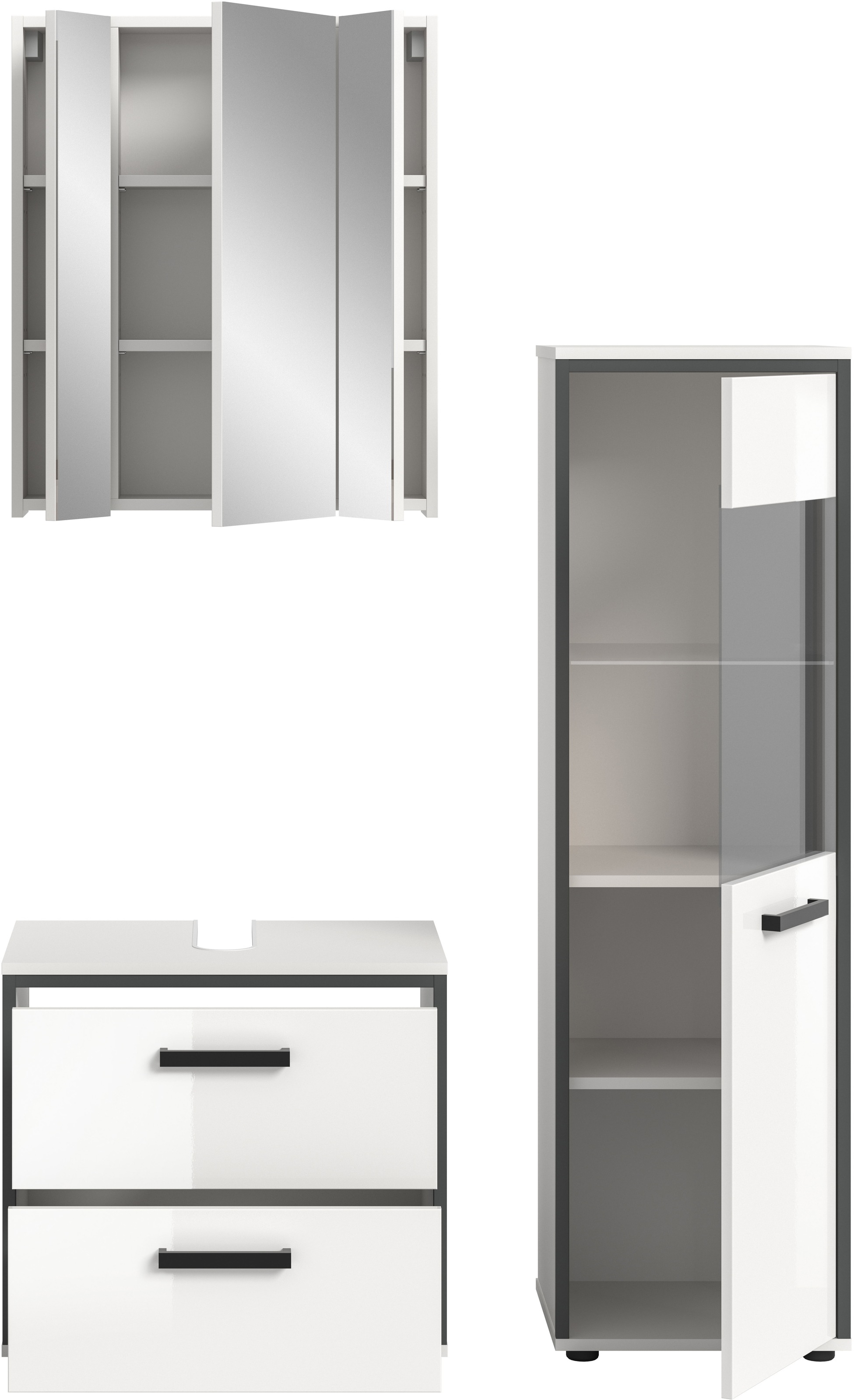 welltime Badmöbel-Set »KAJO, 3-tlg. Badkombination, weiß hochglanz« Set, Set, best. aus:1 Midischrank,1Spiegelschrank,1Waschbeckenunterschrank, 3 Stk. tlg.