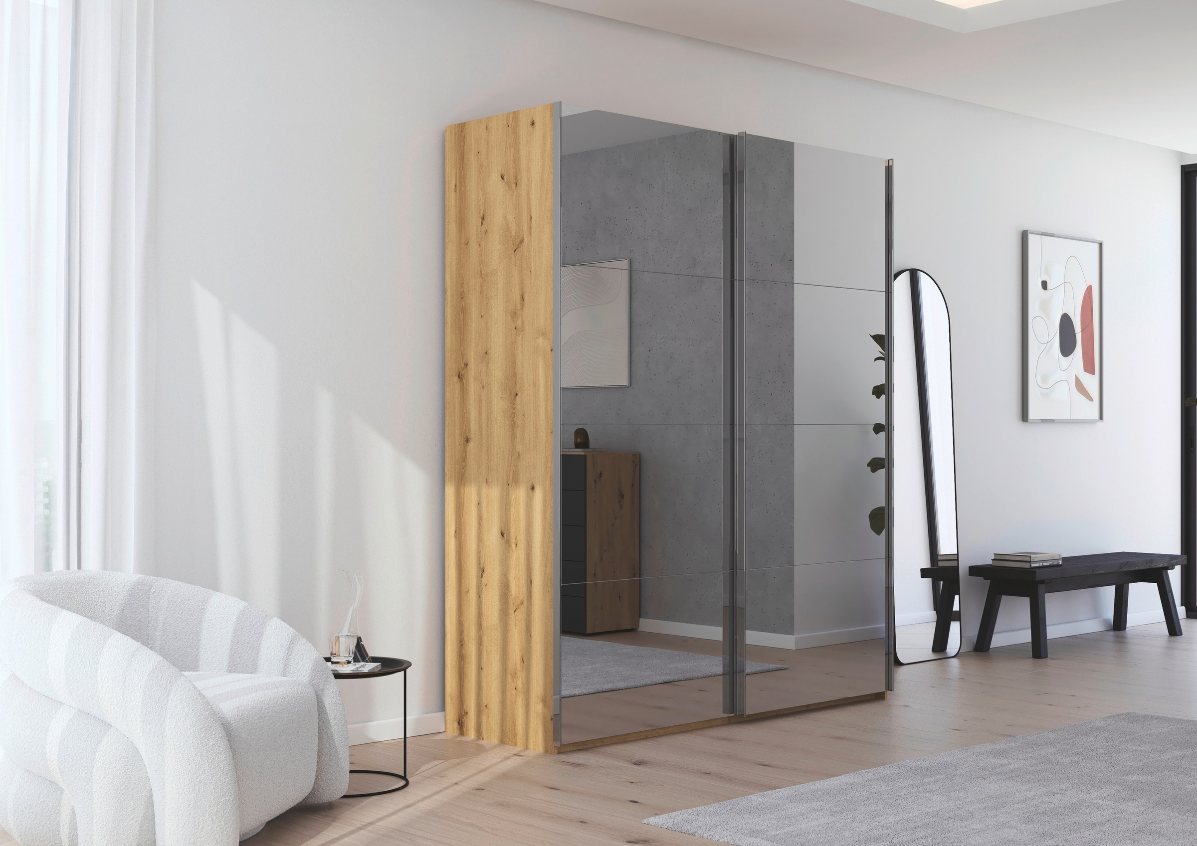 rauch Schwebetürenschrank »Kleiderschrank Schrank Garderobe Schlafzimmerschrank SCALE-FYRA«, edle viergeteilte Türen, Spiegelfront und viele Farben MADE IN GERMANY