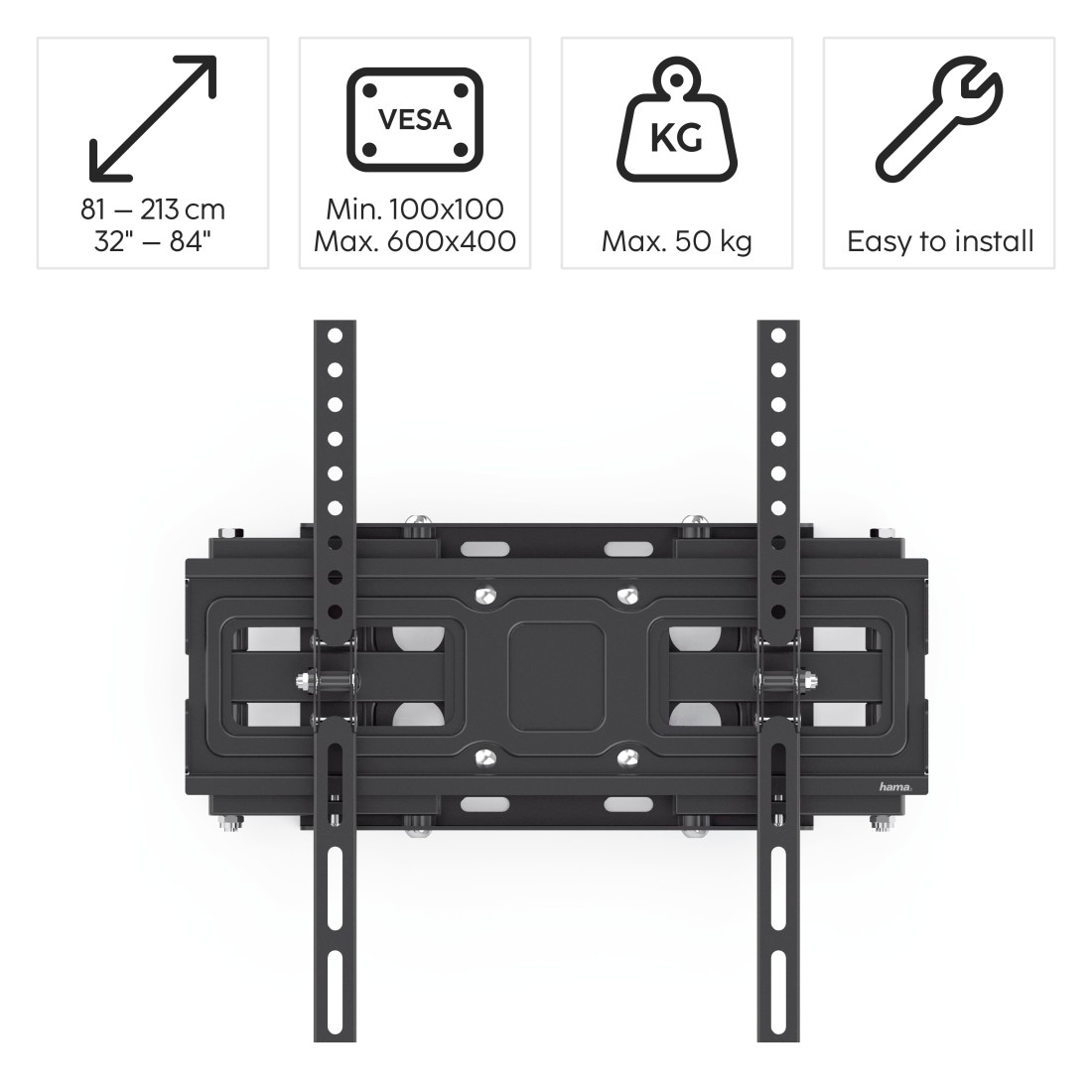 Hama TV-Wandhalterung »TV-Wandhalterung, 81 - 213 cm (32 - 84"), Full-Motion, Schwarz«, bis 213 cm Zoll, 43", 50", 55", 65", bis 50 kg, schwenkbar, neigbar, ausziehbar