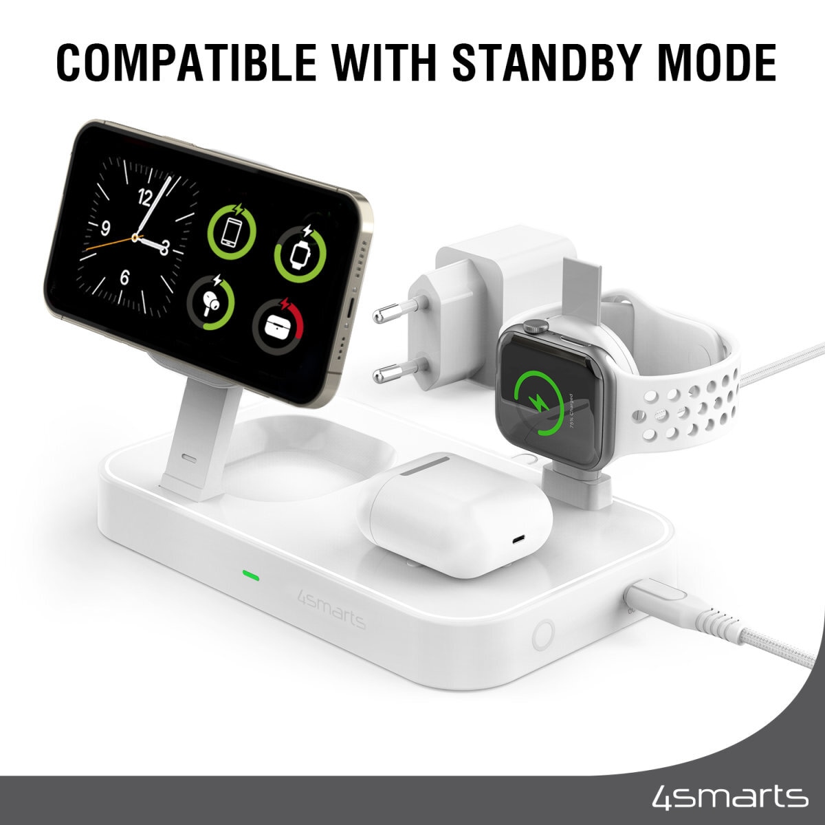 4smarts Wireless Charger »Qi2 Ladestation Trident mit MFi Fast Charger«, für Apple iPhone, Watch 1/2/3/4/5/6/7/8/9/SE, Ultra, Ultra 2 und iPods