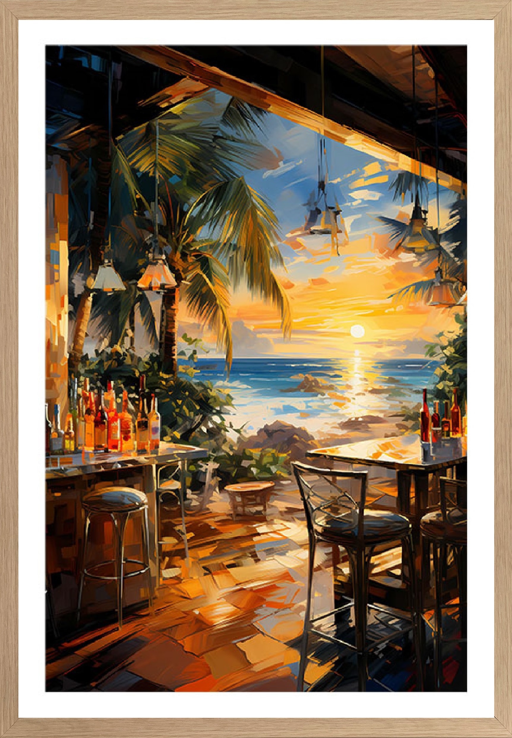 Bönninghoff Bild mit Rahmen, Bar & Lounges-Palmen-Sonnenaufgang & -untergang-Meer-Küste-Natur-Landschaft-Cocktail-Restaurant & Cafés, (1 St.)