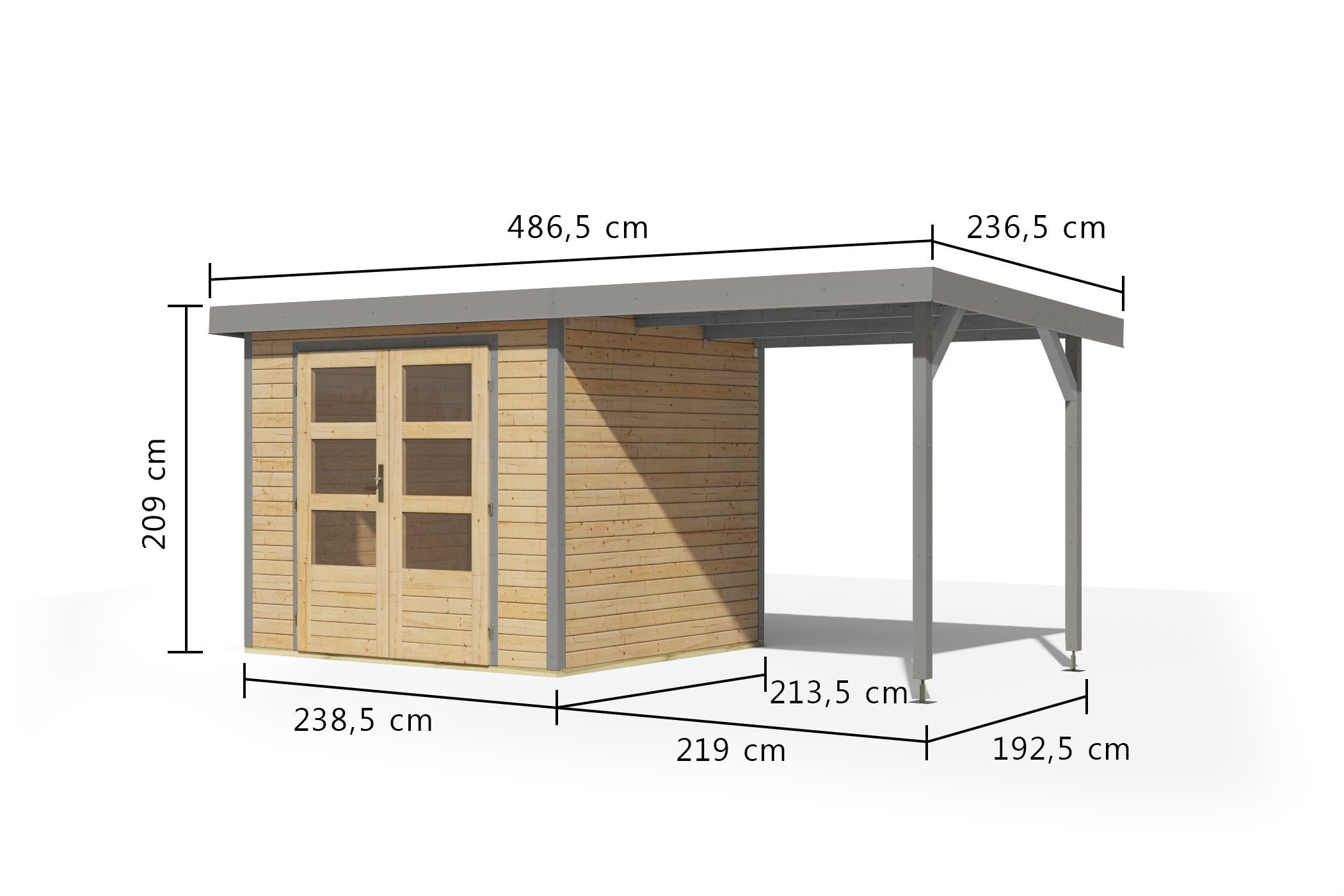 Karibu Gartenhaus »"Jupiter 3 A" SET naturbelassen, mit Anbaudach 2,35 m breit«, hochwertige Materialien: nordische Fichte, Stahlecken, Trapezblechdach