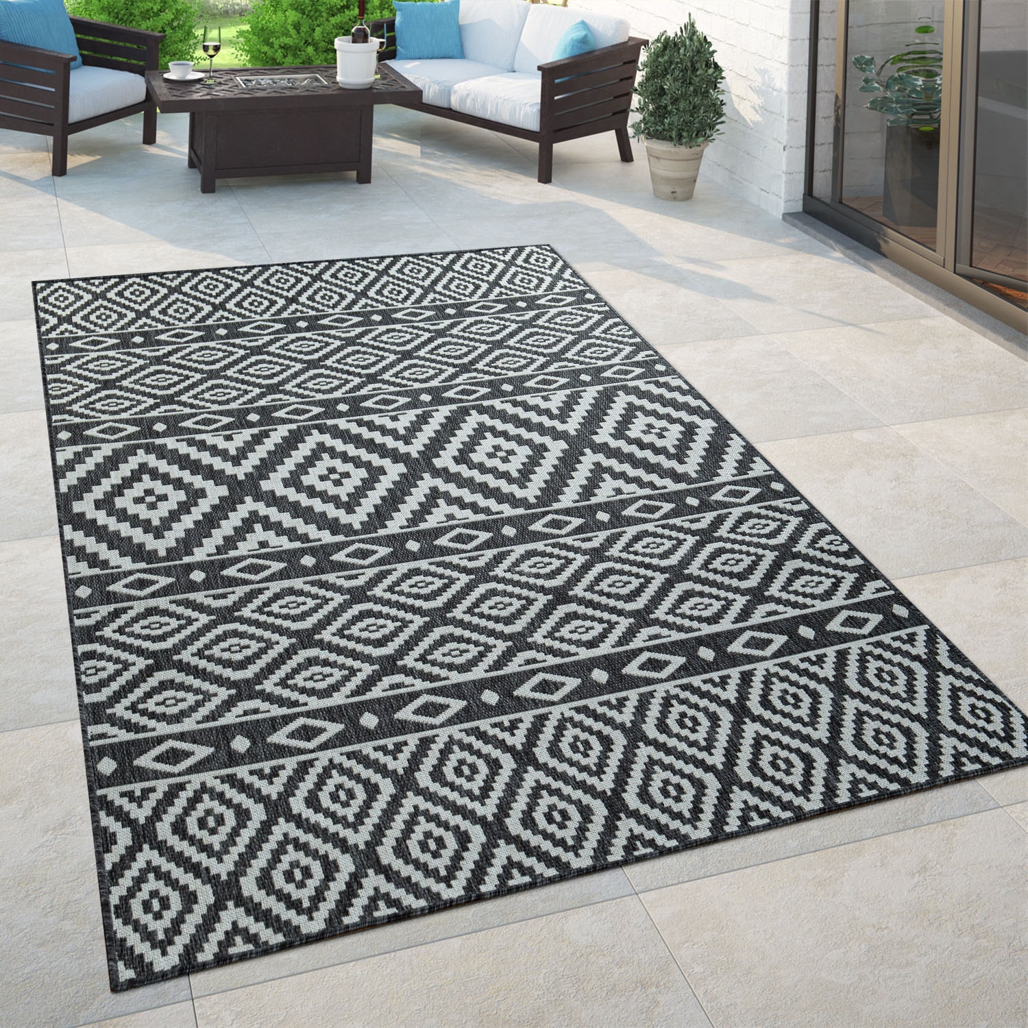 Paco Home Teppich »Coco 201«, rechteckig, 4 mm Höhe, Flachgewebe, Rauten Design, In- und Outdoor geeignet, Wohnzimmer