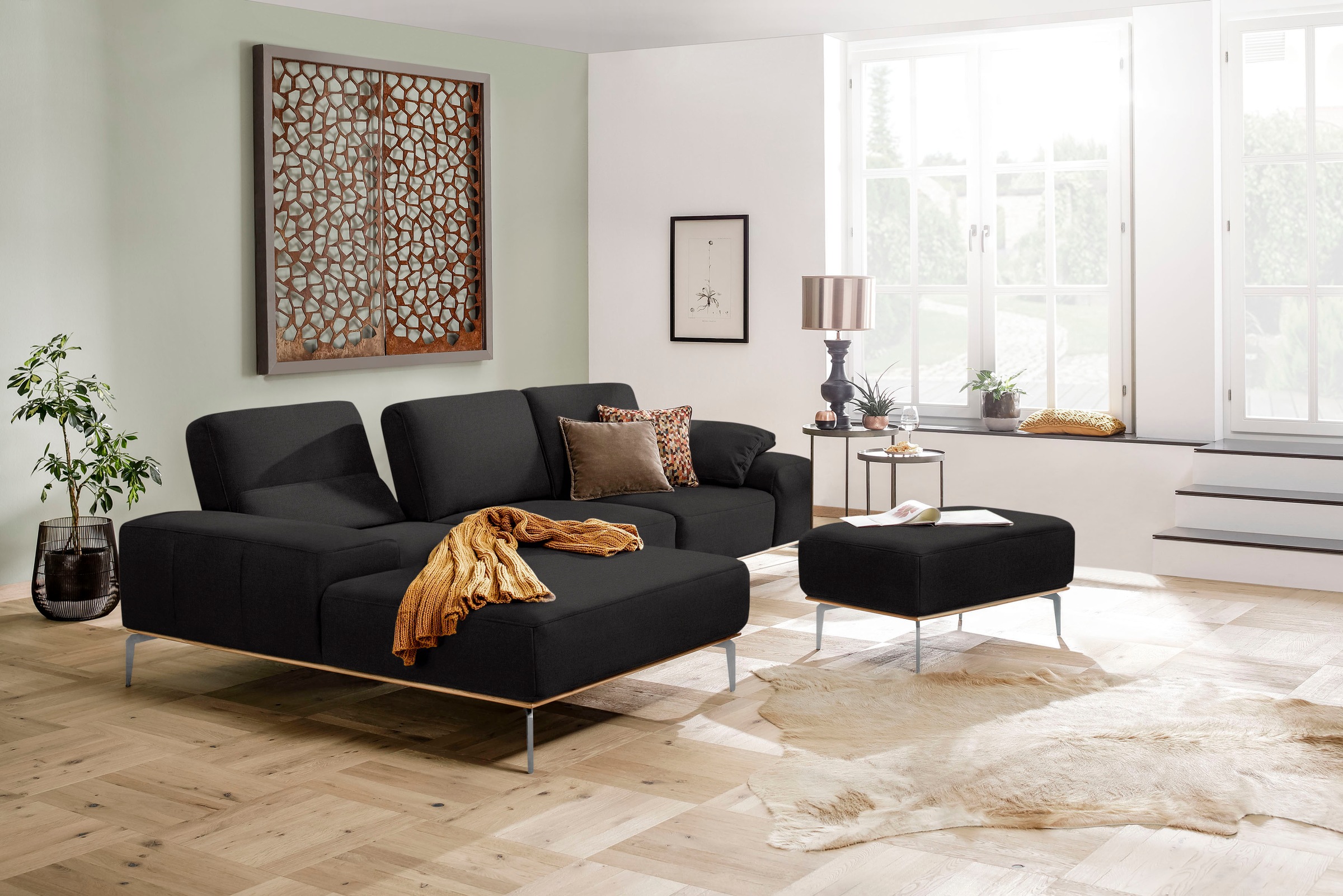 W.SCHILLIG Polsterhocker »run« mit elegantem Holzsockel, Füße in Chrom glänzend, Breite 75 cm