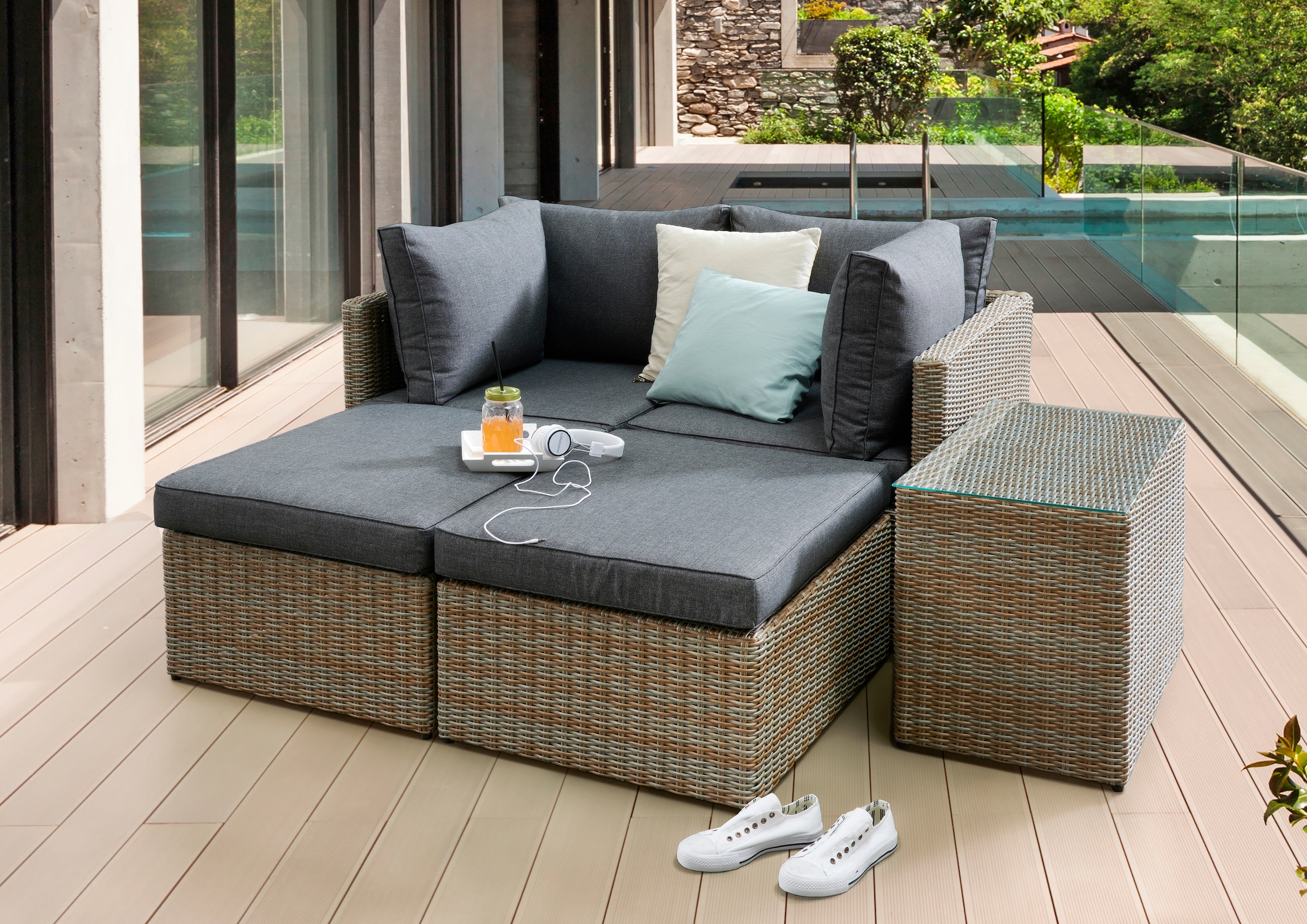 Destiny Balkonset »IBIZA«, (Set, 13 tlg.), aus Polyrattan, Tisch 71x40x53 cm, naturfarben, inkl. Auflagen