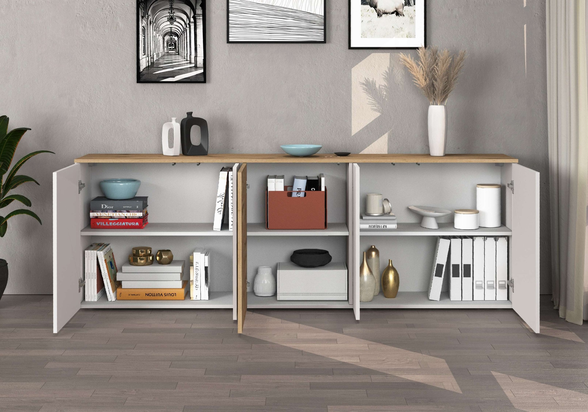 INOSIGN Sideboard »Sideboard ISEO, Kommode, Schrank, Kredenz« 1 Stk. tlg. stehend/hängend, 5 Türen HG lackiert, 6 Fächer, B 200 cm