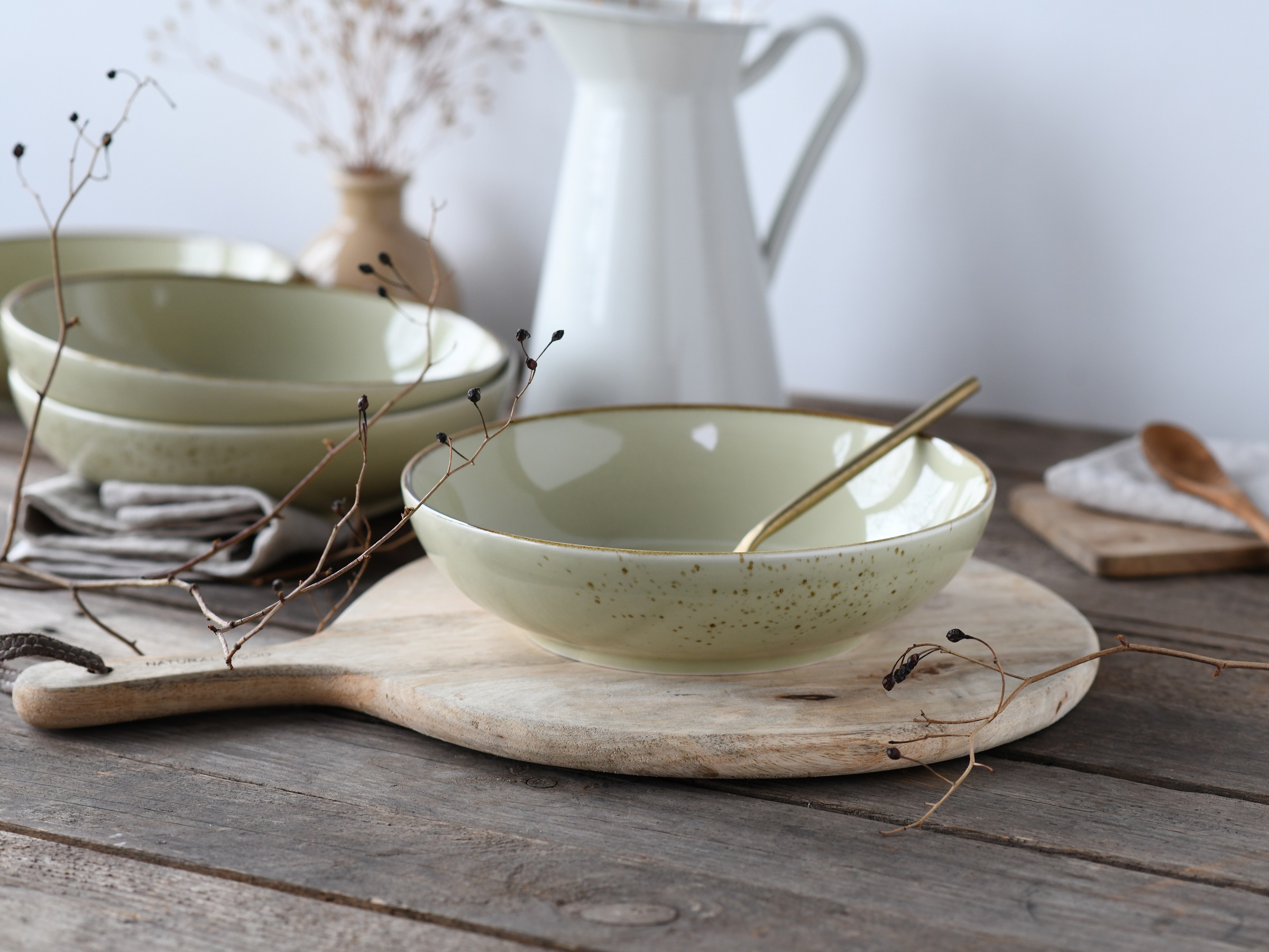 CreaTable Schale »Nature Collection, Poke Bowl, Ø 22,5 cm, 4-tlg«, 4 tlg., aus Steinzeug, Handwerklicher Look, Vintage, Höhe 5 cm