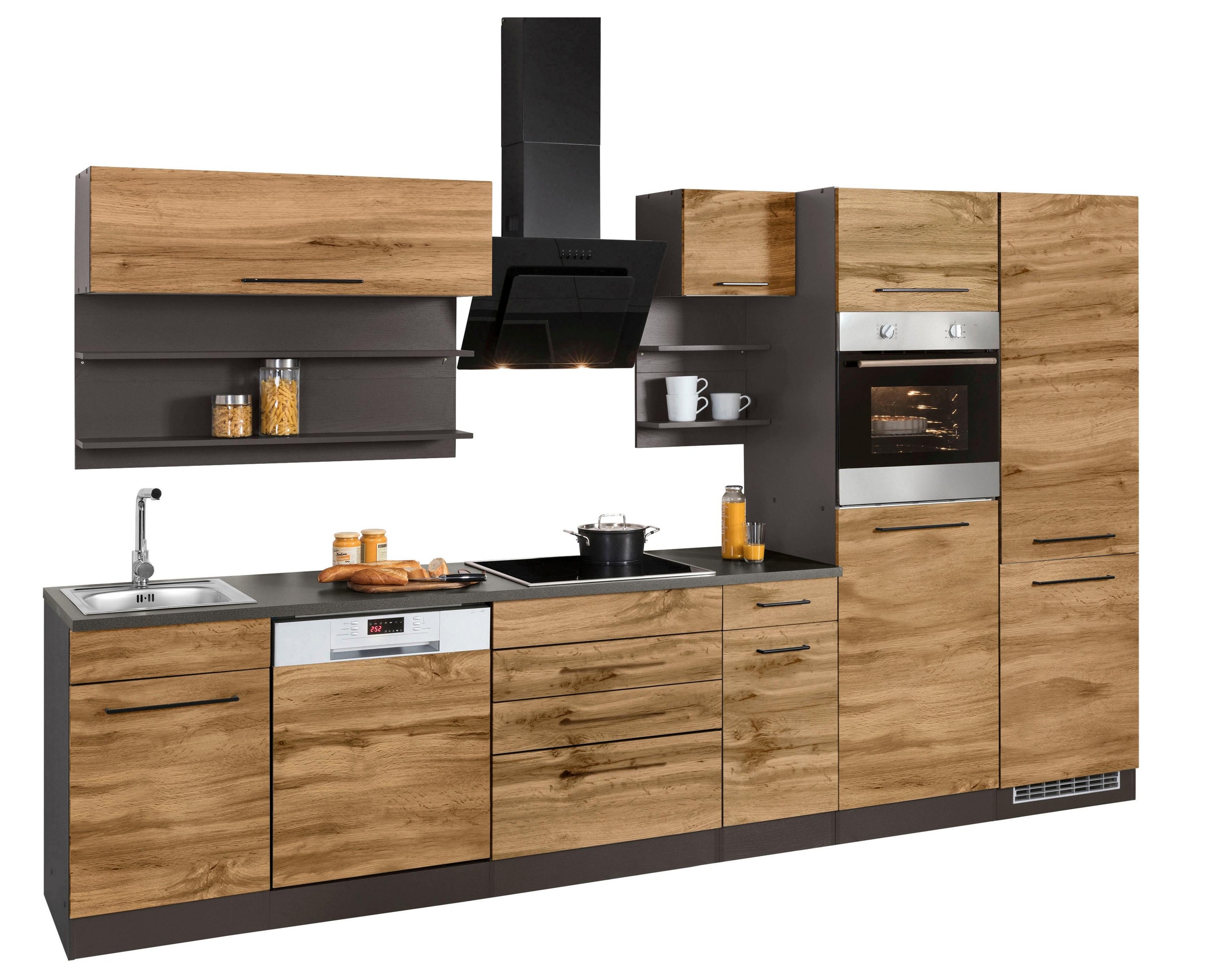 KOCHSTATION Küchenzeile »KS-Tulsa«, ohne E-Geräte, Breite 330 cm, schwarze Metallgriffe, MDF Fronten
