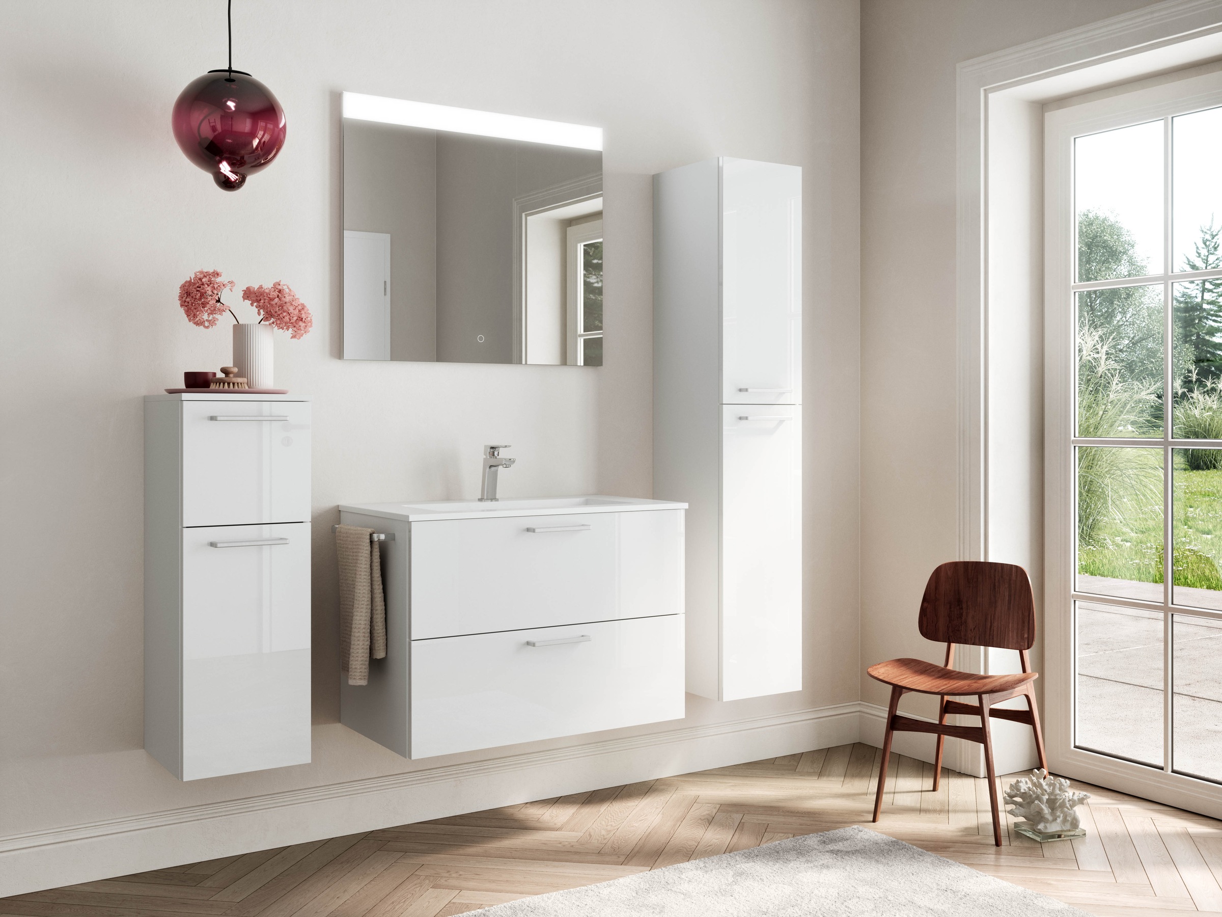 nobilia® Badmöbel-Set »Tolvina«, (4 St., vormontiert, mit Soft-Close), Hochglanz, inkl. Spiegel mit Touch-Sensor, in vier Breiten