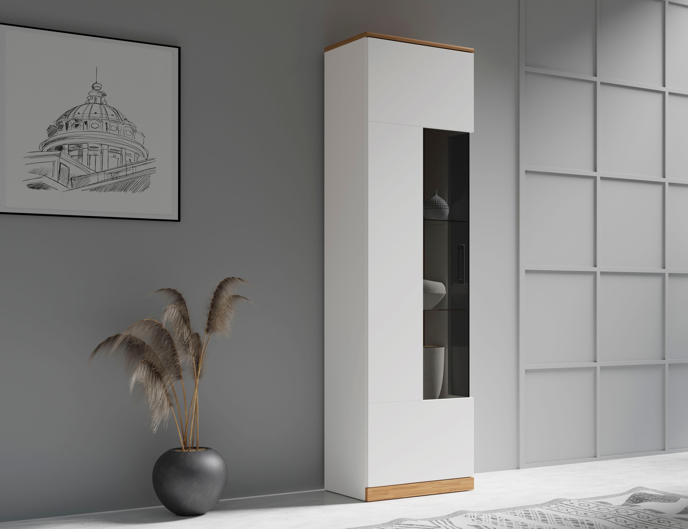 Home affaire Vitrine »Ribe,180cm hoch,5 Fächer,2 Glasböden variabel einsetzbar«, Oberplatte Eiche massiv,dunkles Glas, schwarze Metall Griffe