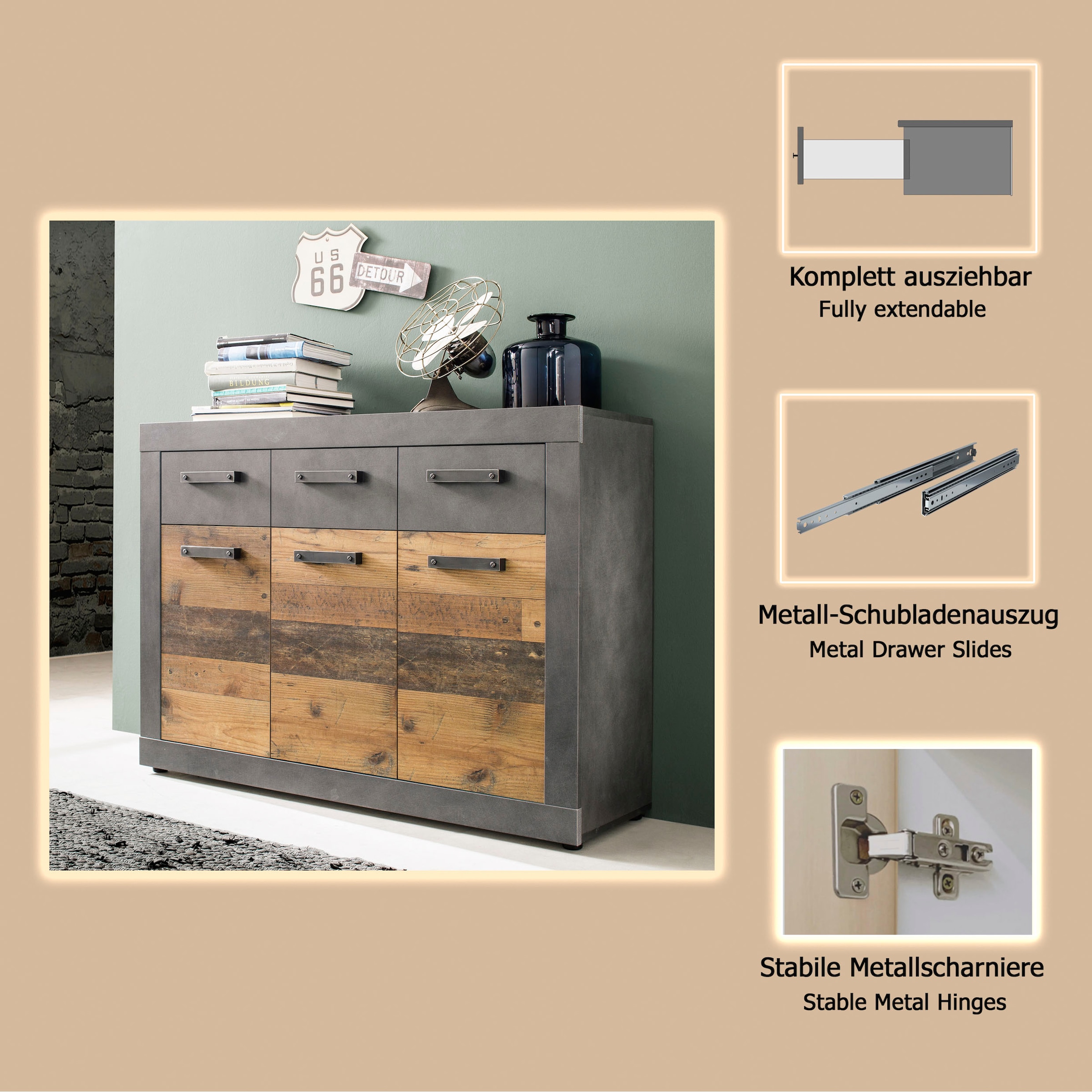 INOSIGN Kommode »Ilana«, Kommode mit 3 Türen & 3 Schubladen - (B/T/H) 117/37/86 cm