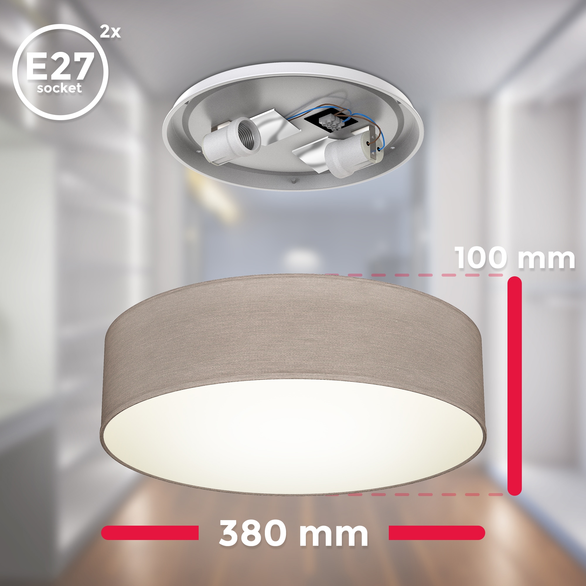 B.K.Licht LED Deckenleuchte E27 1 Stk. Warmweiß Deckenlampe, Textil Lampenschirm, E27, Schlafzimmer, Wohnzimmer