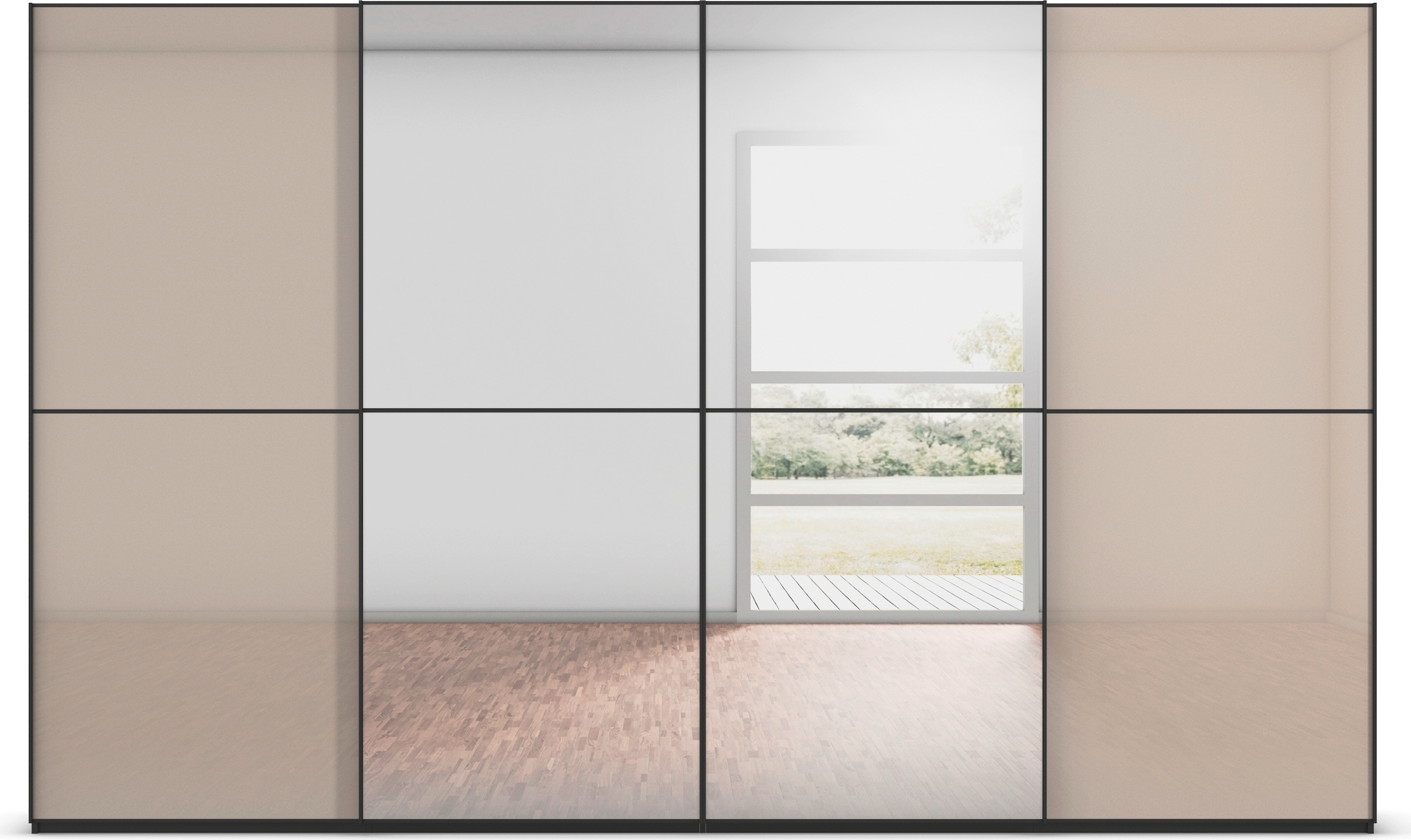 rauch Schwebetürenschrank »Kleiderschrank Schrank Garderobe Schlafzimmerschrank SCALE-DUO«, edle zweigeteilte Türen Spiegel/Glas-Mix 3 Zierleisten MADE IN GERMANY