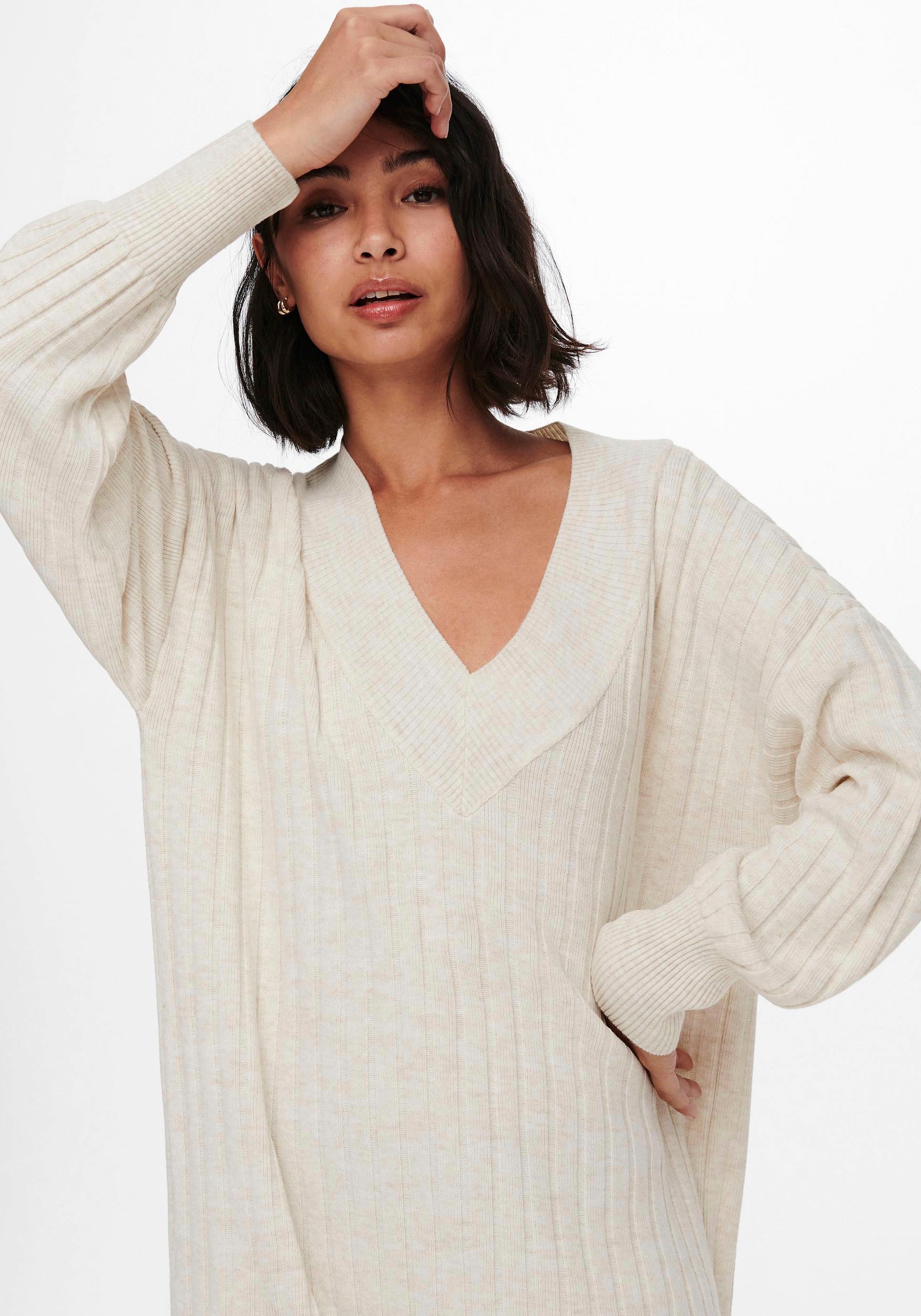 ONLY Strickkleid »ONLNEW TESSA L/S MIDI V DRESS«, mit tiefem V-Ausschnitt mit breiter Blende