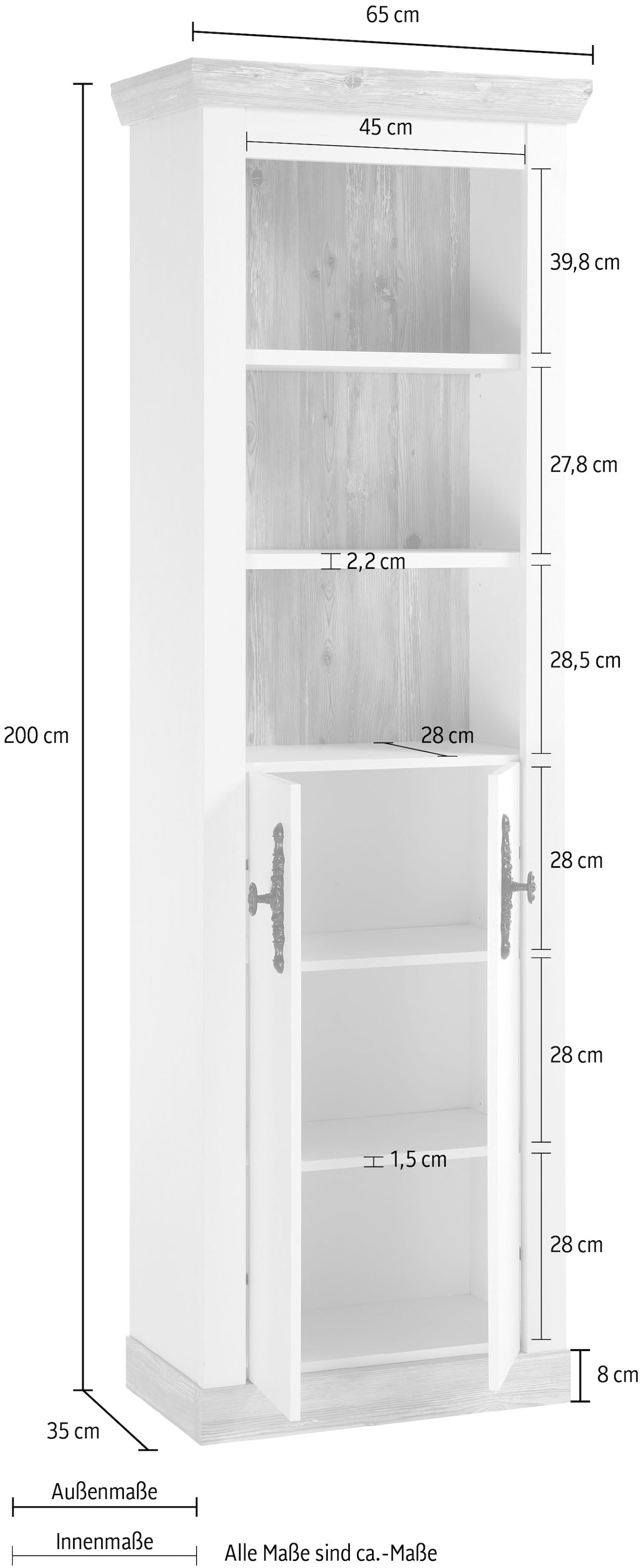 Home affaire Hochschrank »Florenz, Badschrank im Landhausstil, Schrank mit Metallgriffen«, in Pinie Weiß, offene Fächer und ausreichend Stauraum hinter Drehtüren