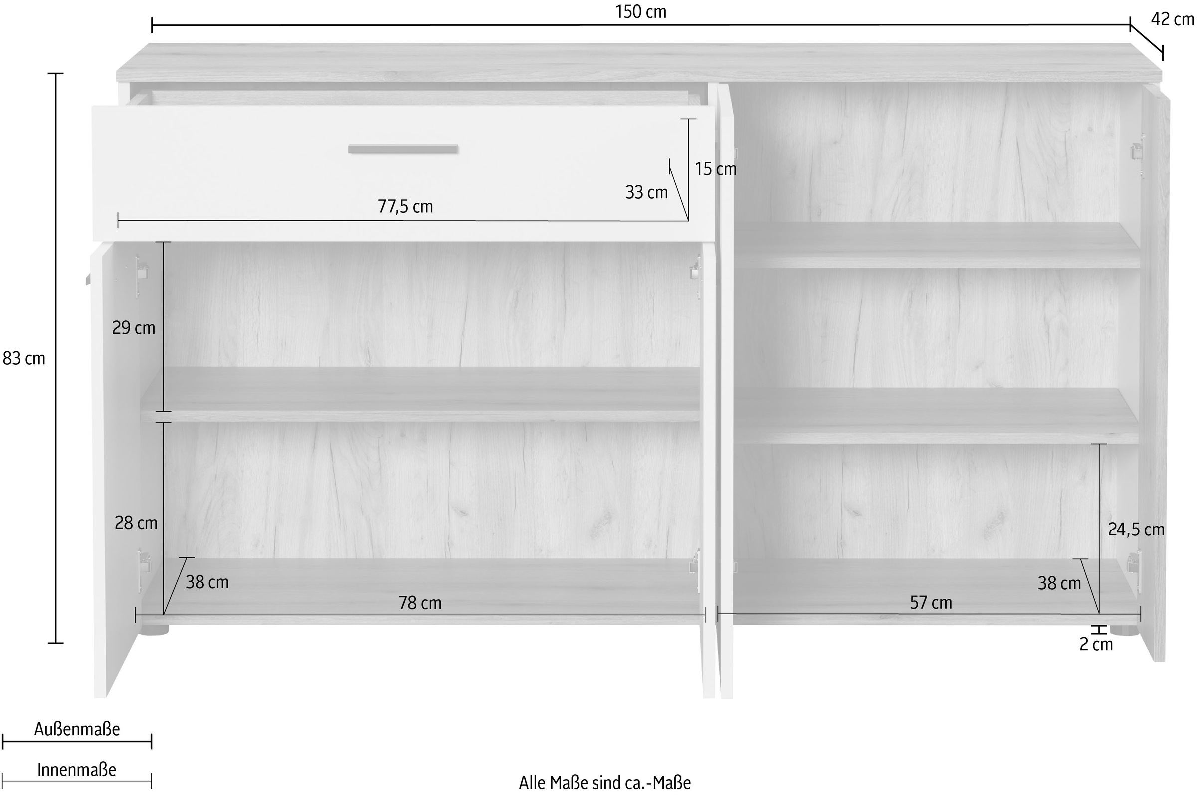 INOSIGN Sideboard »Linz«, (1 St.), Kommode mit Hirnholzapplikationen - Schrank (B/T/H) 150/42/83 cm