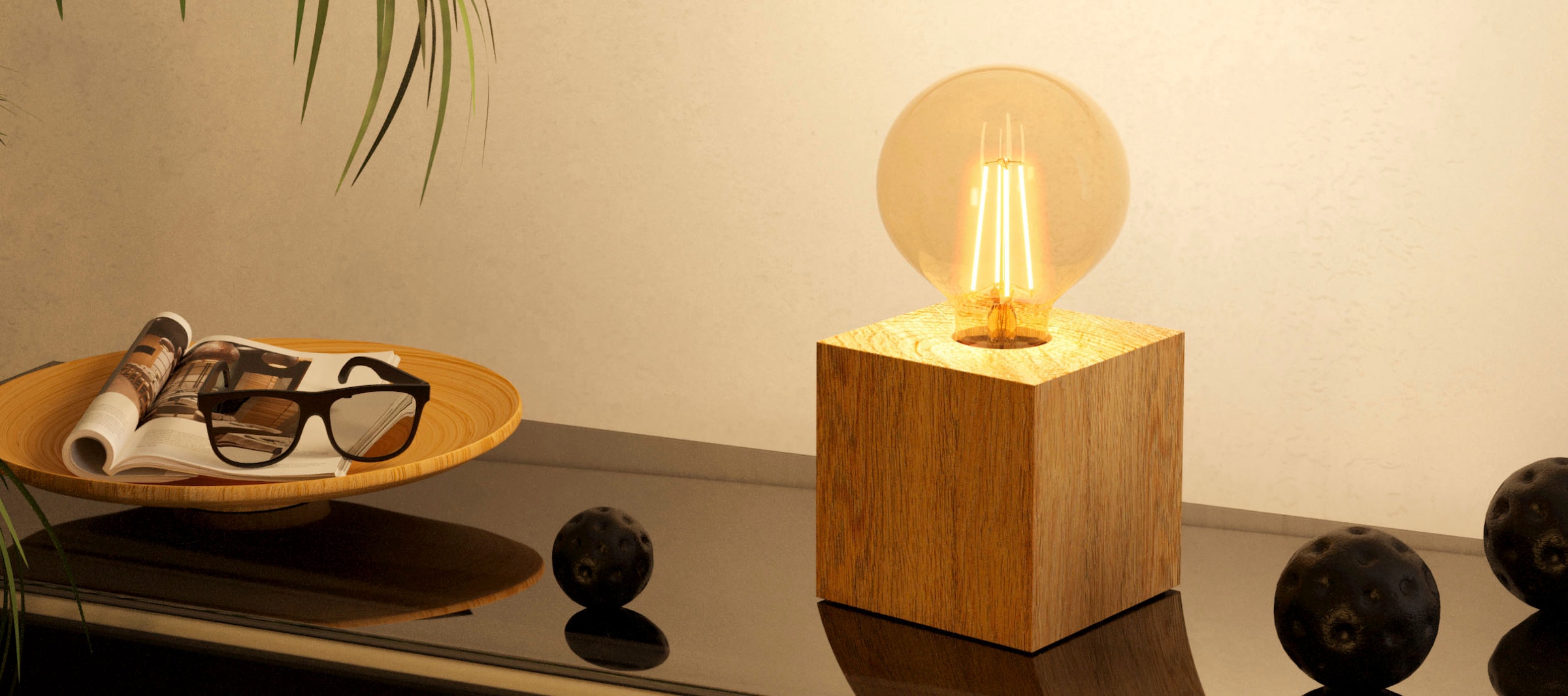 EGLO Tischleuchte »PRESTWICK 2 Tischlampe, Würfel, Holz, ohne Lampenschirm, E27«, Leuchtmittel E27 | Leuchtmittel wechselbar-ohne Leuchtmittel, Nachttischlampe, Deko, wohnlich, Schalter am Kabel, 9,5x9,5x9,5 cm