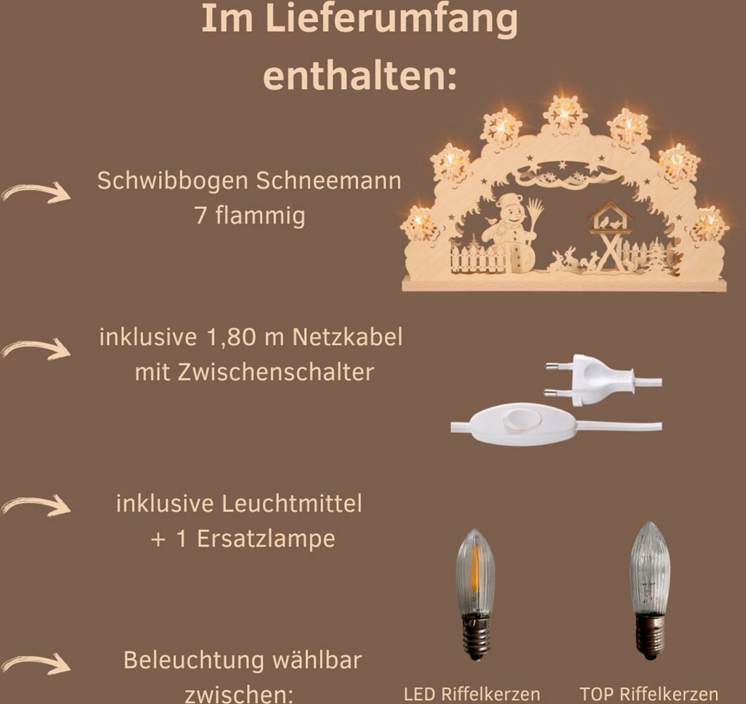 Weigla LED Schwibbogen »Schneemann, Lichterbogen aus Holz NATUR-BRAUN, Made in Germany«, Erzgebirge garantiert, Weihnachtsdeko Innen, Weihnachtsbeleuchtung