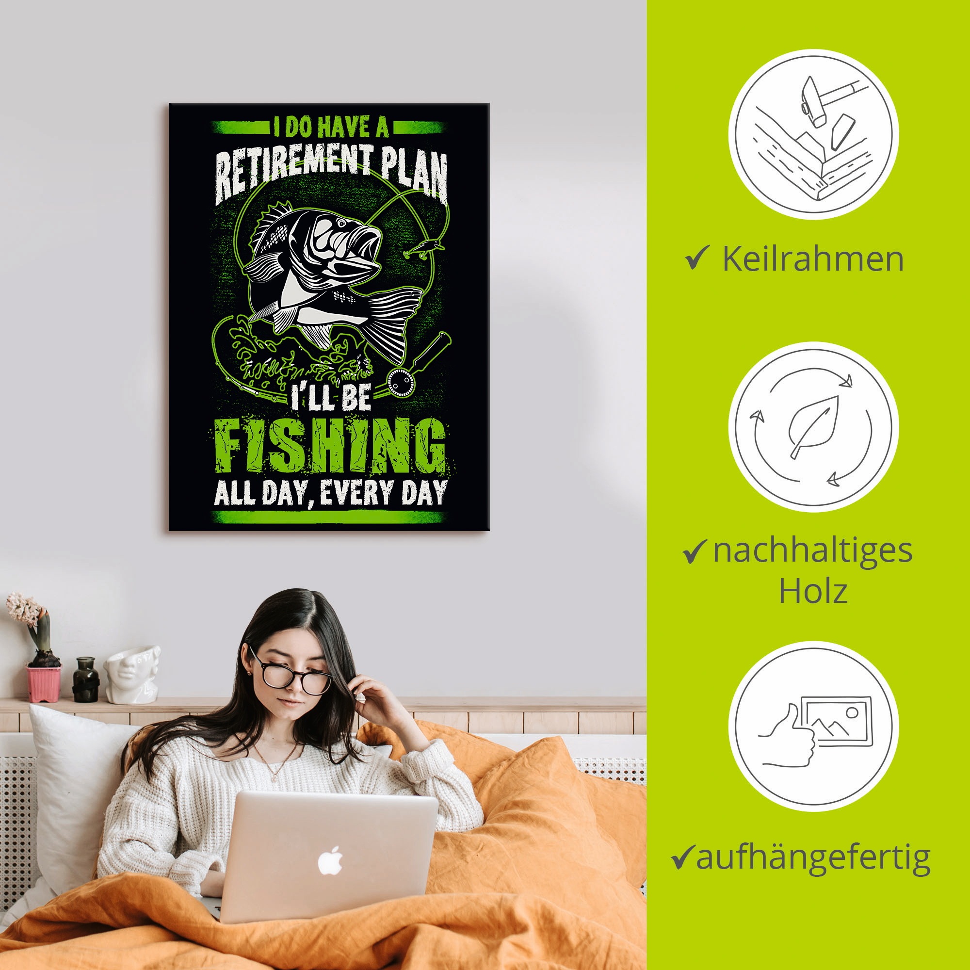 Artland Leinwandbild »Witziges Bild für Angler«, Humor, (1 St.), auf Keilrahmen gespannt