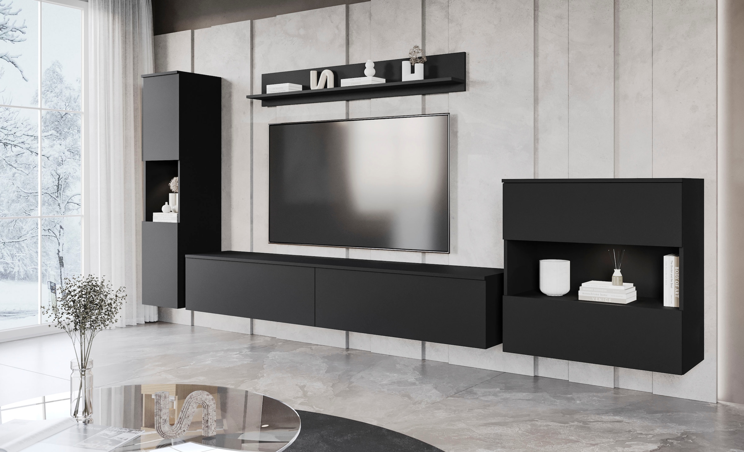 INOSIGN Wohnwand »PARIS, Vitrine Türanschlag links/rechts wechselbar«, (Komplett-Set, 4 St.), grifflose Design, stehend und hängend montierbar